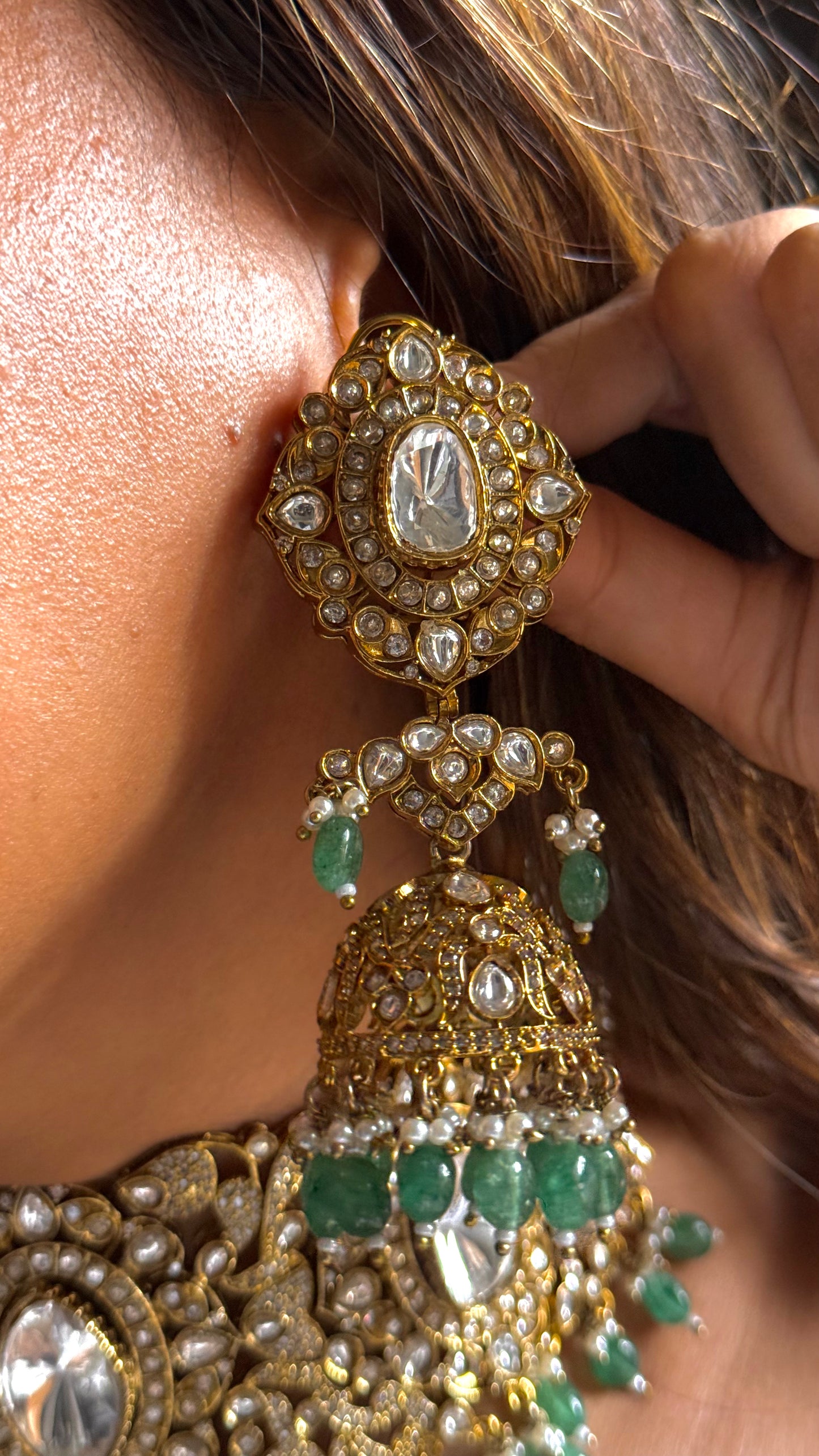 Uncut polki heritage designer necklace with mint drop detailing