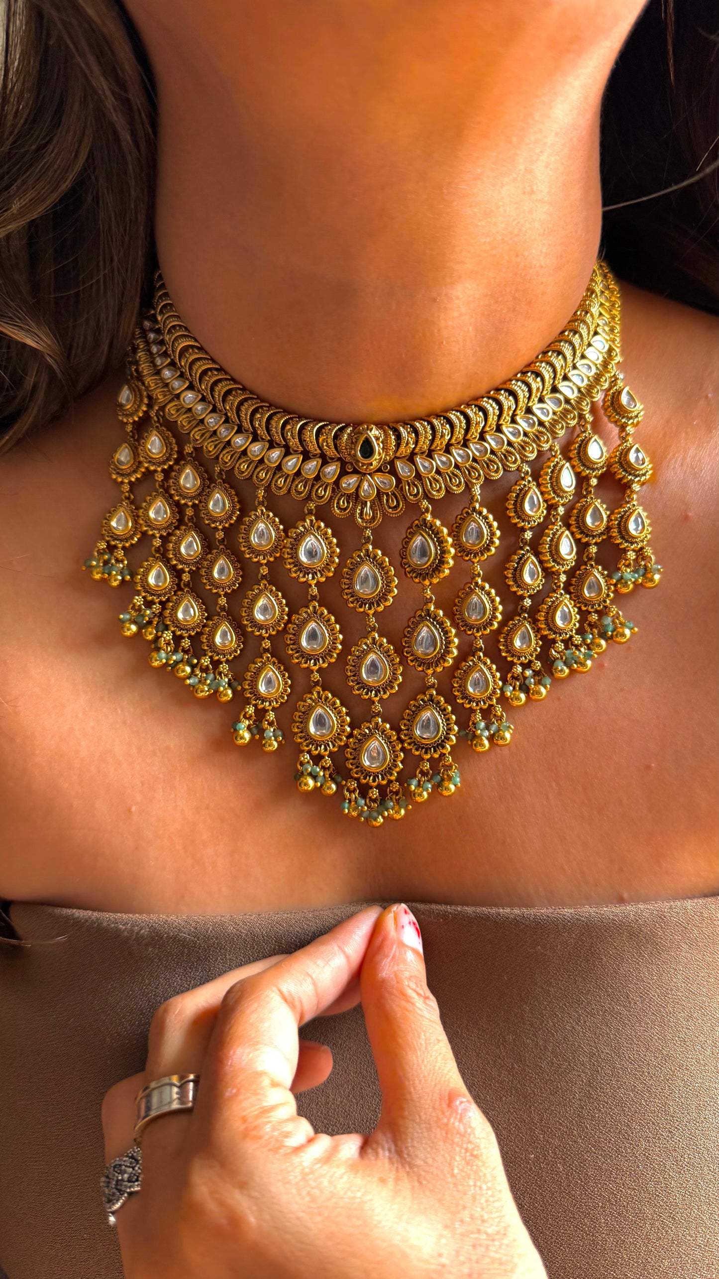 Peacock inspired polki waterfall necklace
