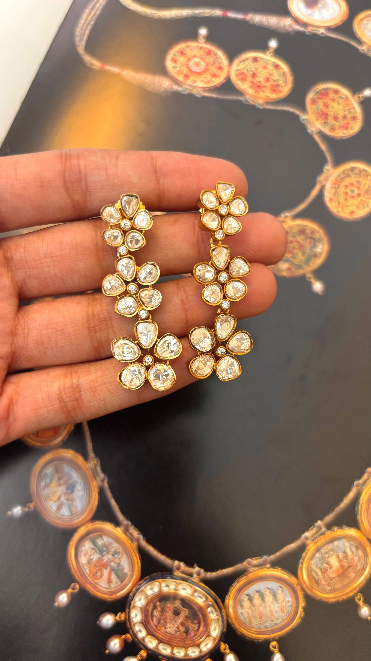 Peeli polki floral triple step earrings