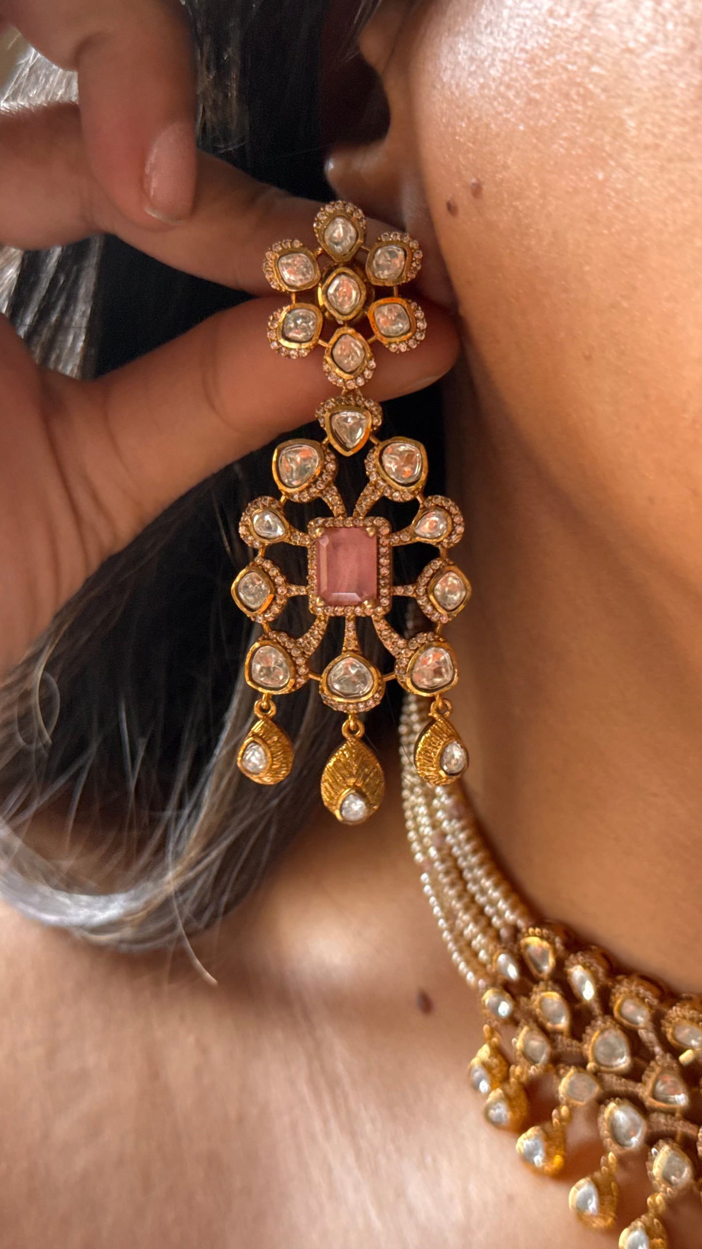 Rose quartz doublet with moissanite polki gold polish Necklace