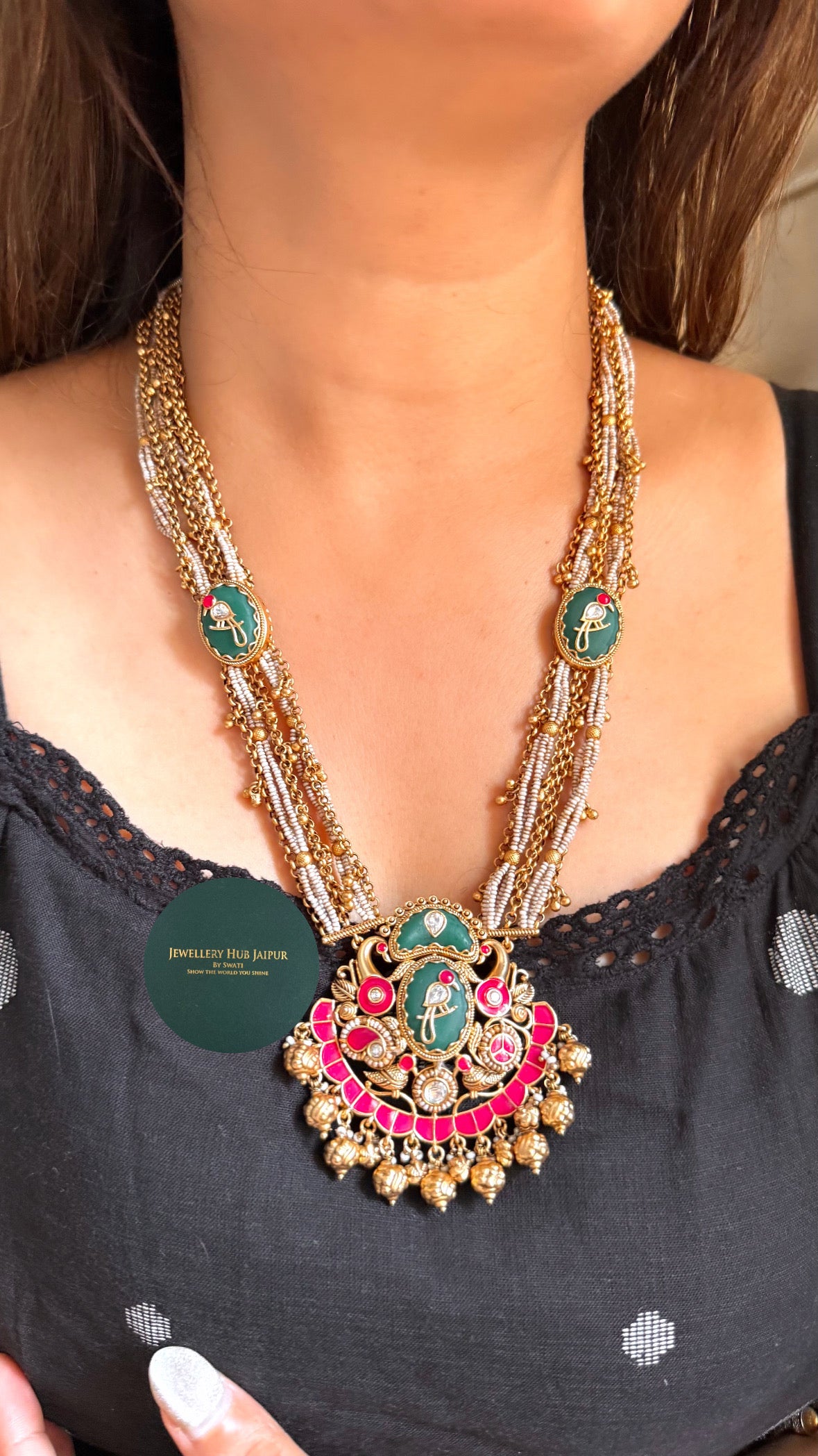 Emerald bird motif & ruby inlay rajwada set