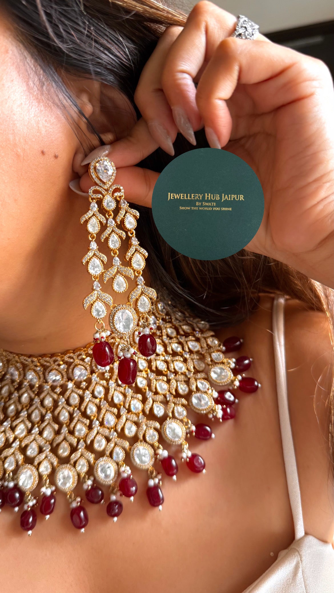 Chetna Moissanite polki bridal choker with ruby drops