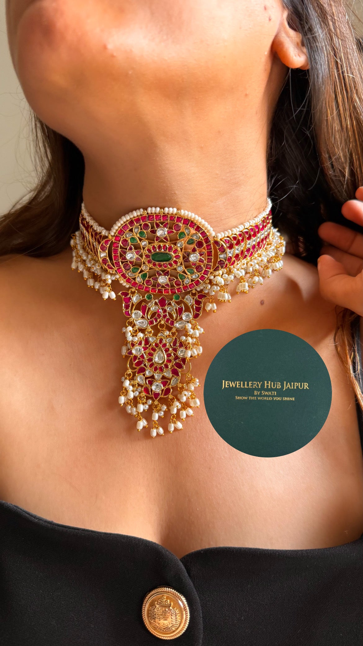 Real Kemp Rani pink & emerald paachi designer choker set