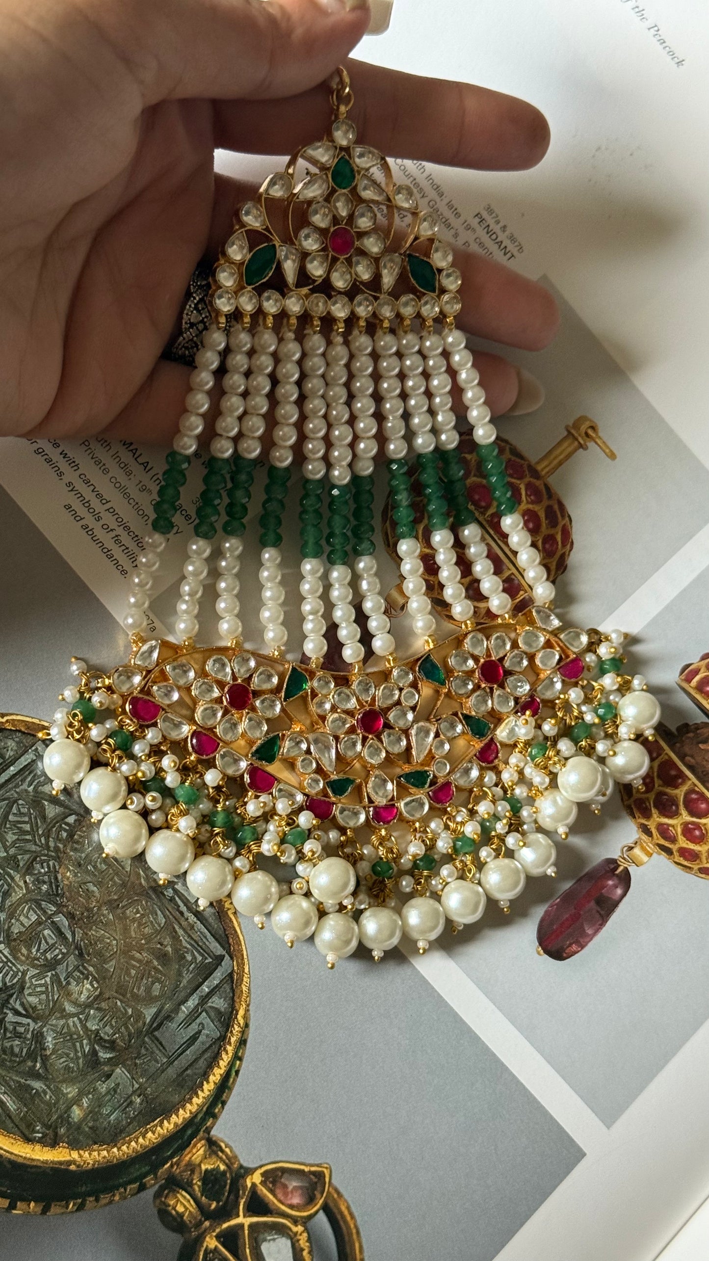 Paachi Rani pink floral with emerald & pearl drop passa