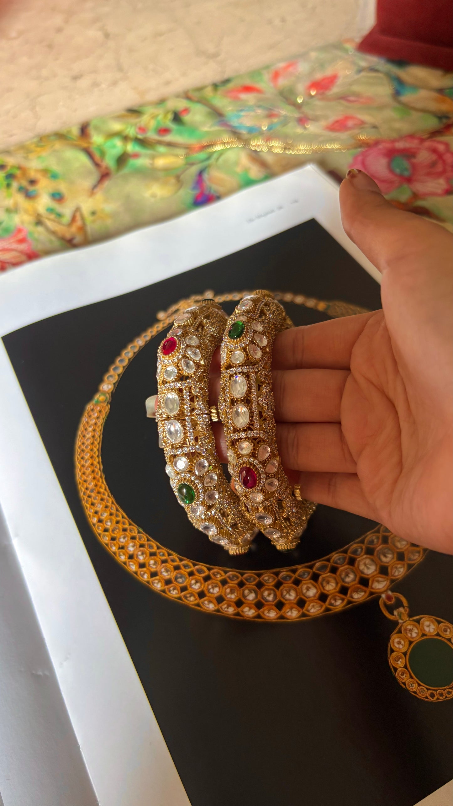 Ruby & emerald real Moissanite polki openable bangles