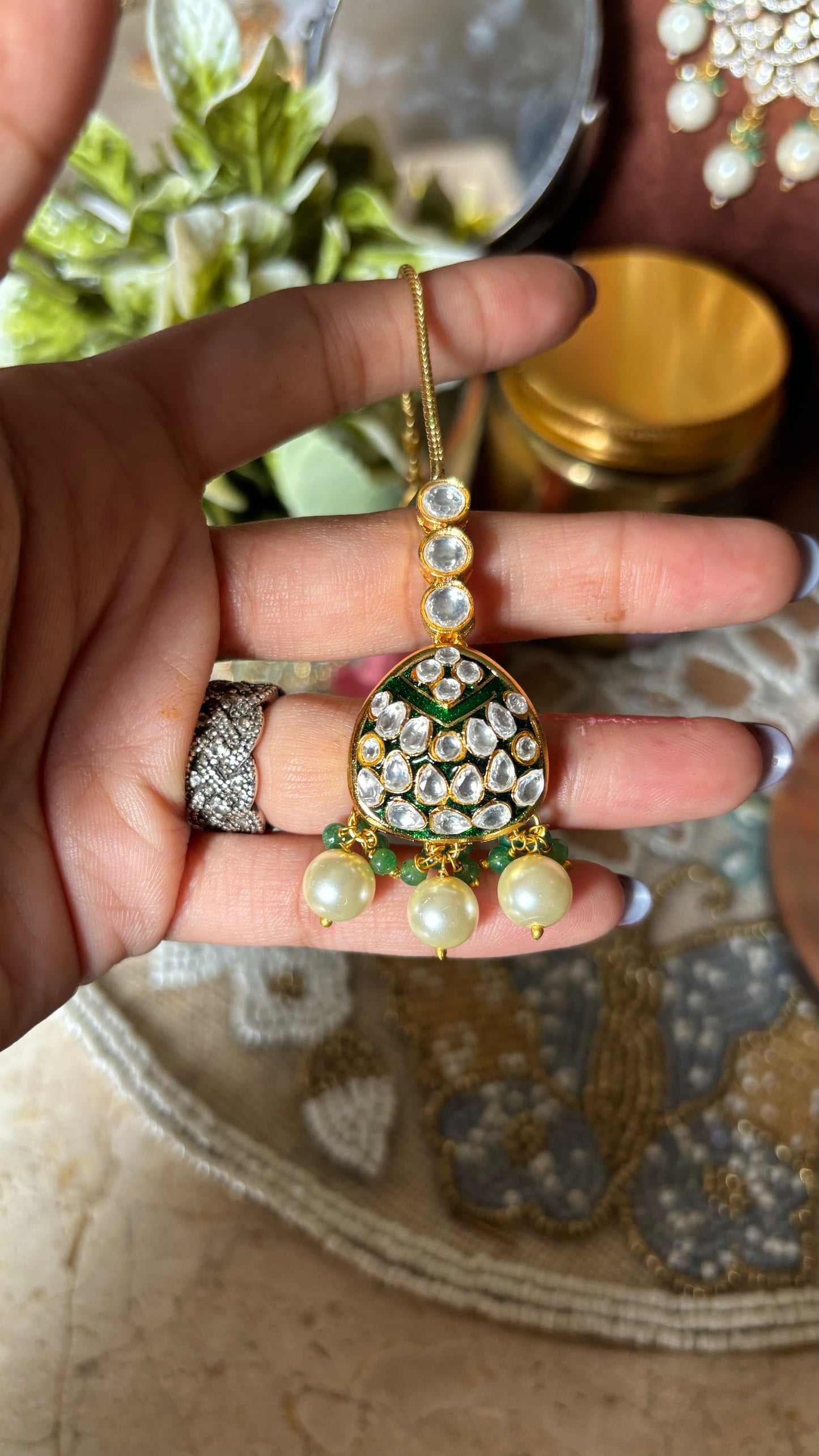 Emerald meenakari pearl maangtika