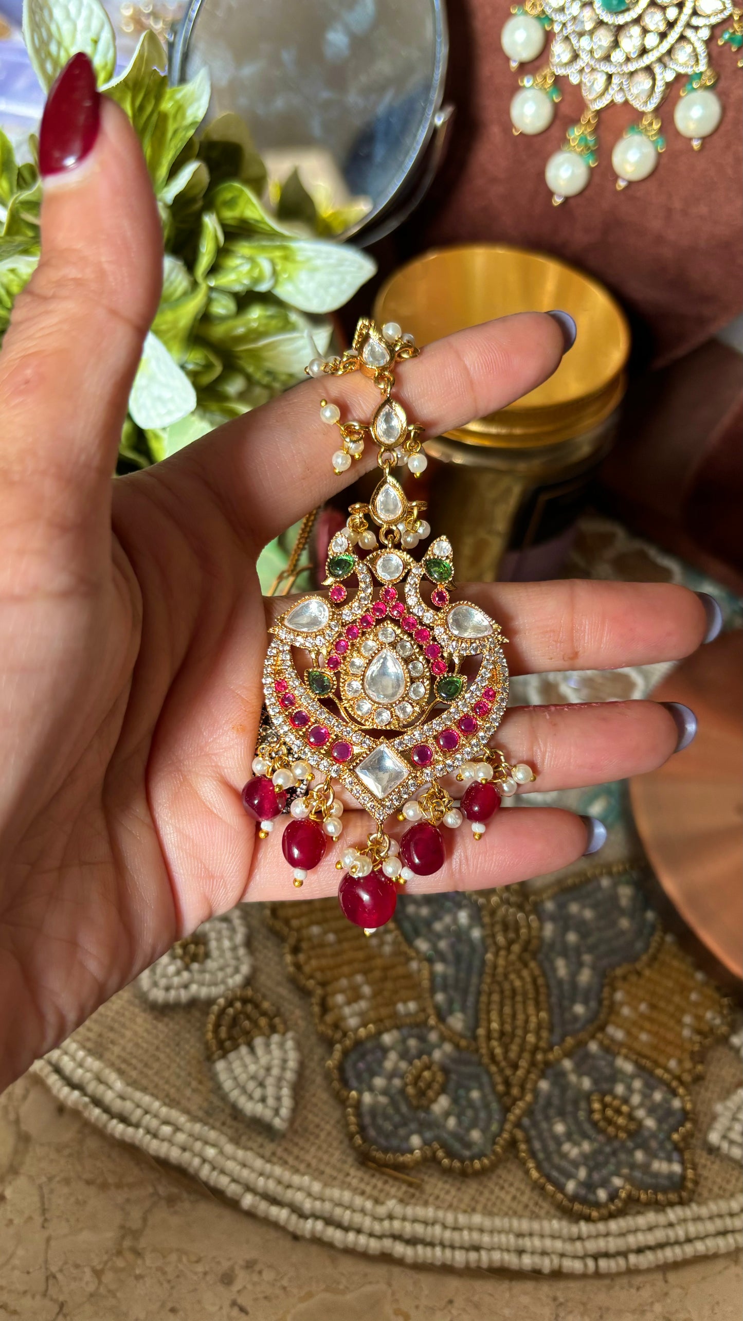 Mixed polki ruby hanging maangtika