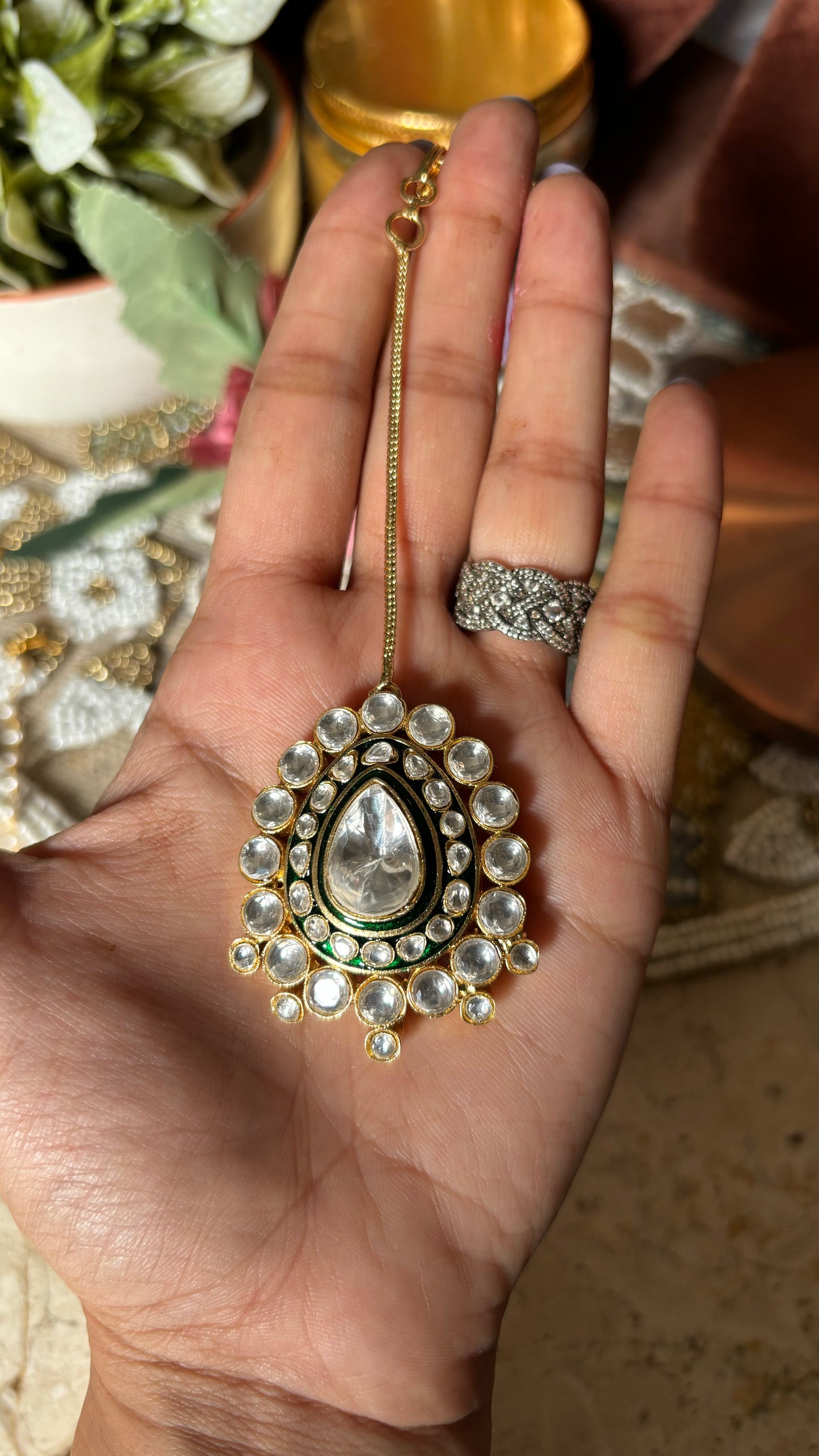 Emerald meenakari polki maangtika