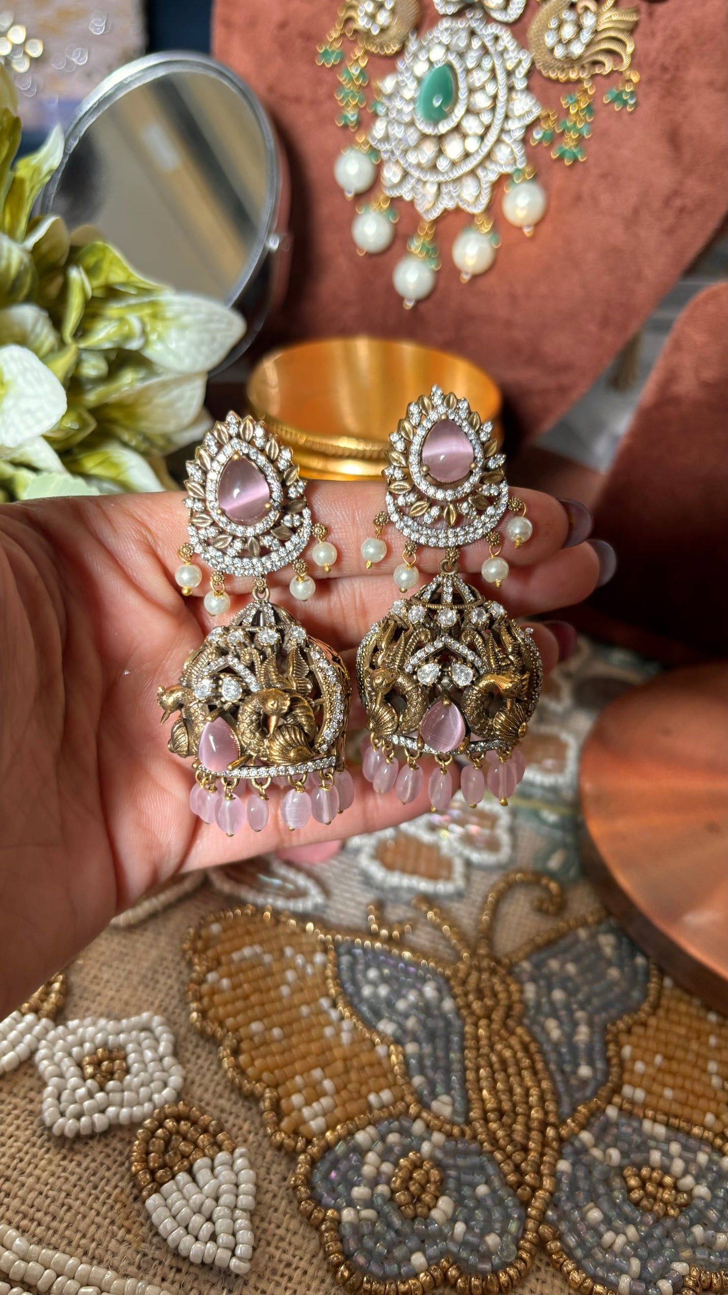 Rose quartz victorian peacock inspired designer Jhumka