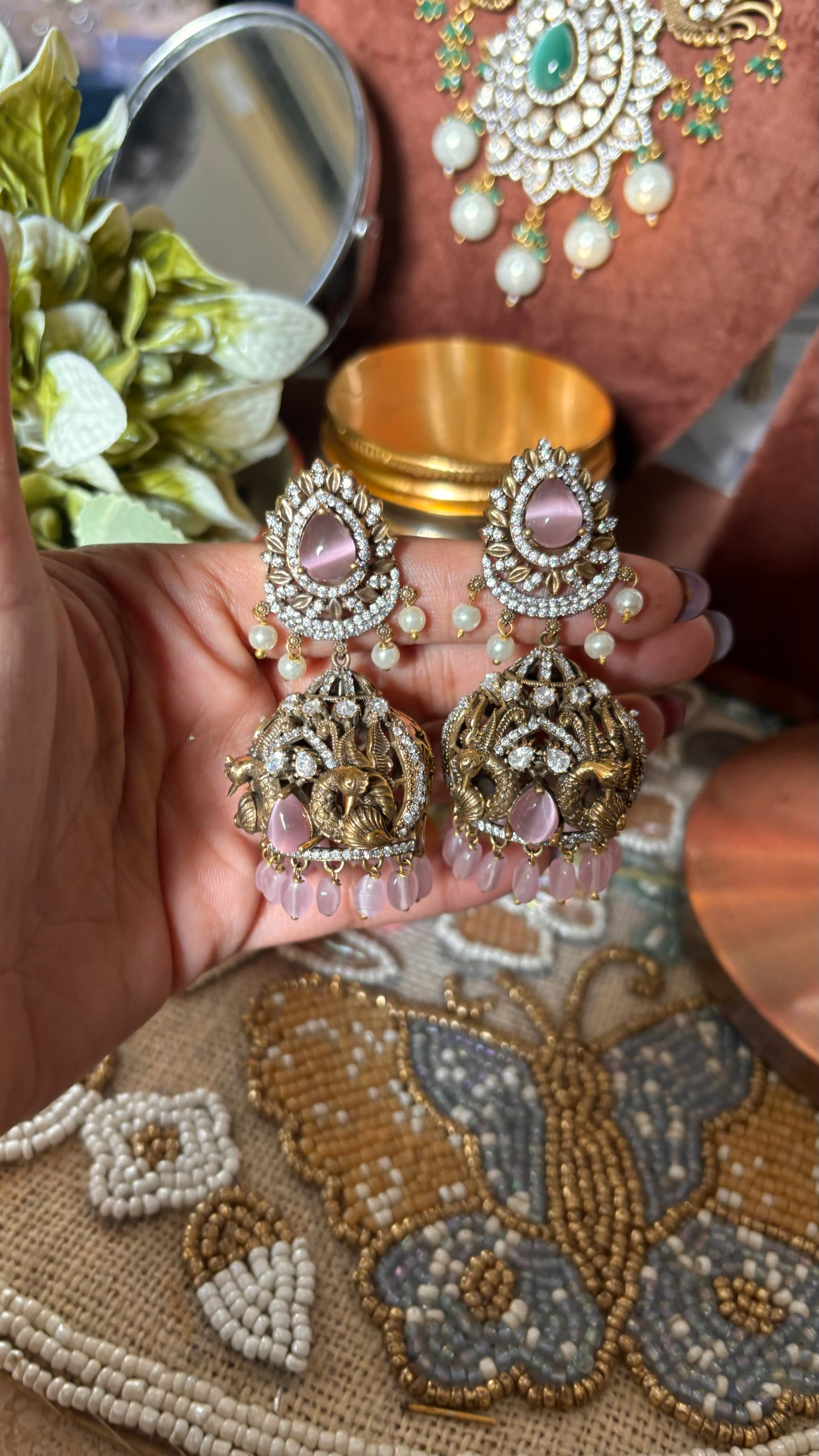 Rose quartz victorian peacock inspired designer Jhumka