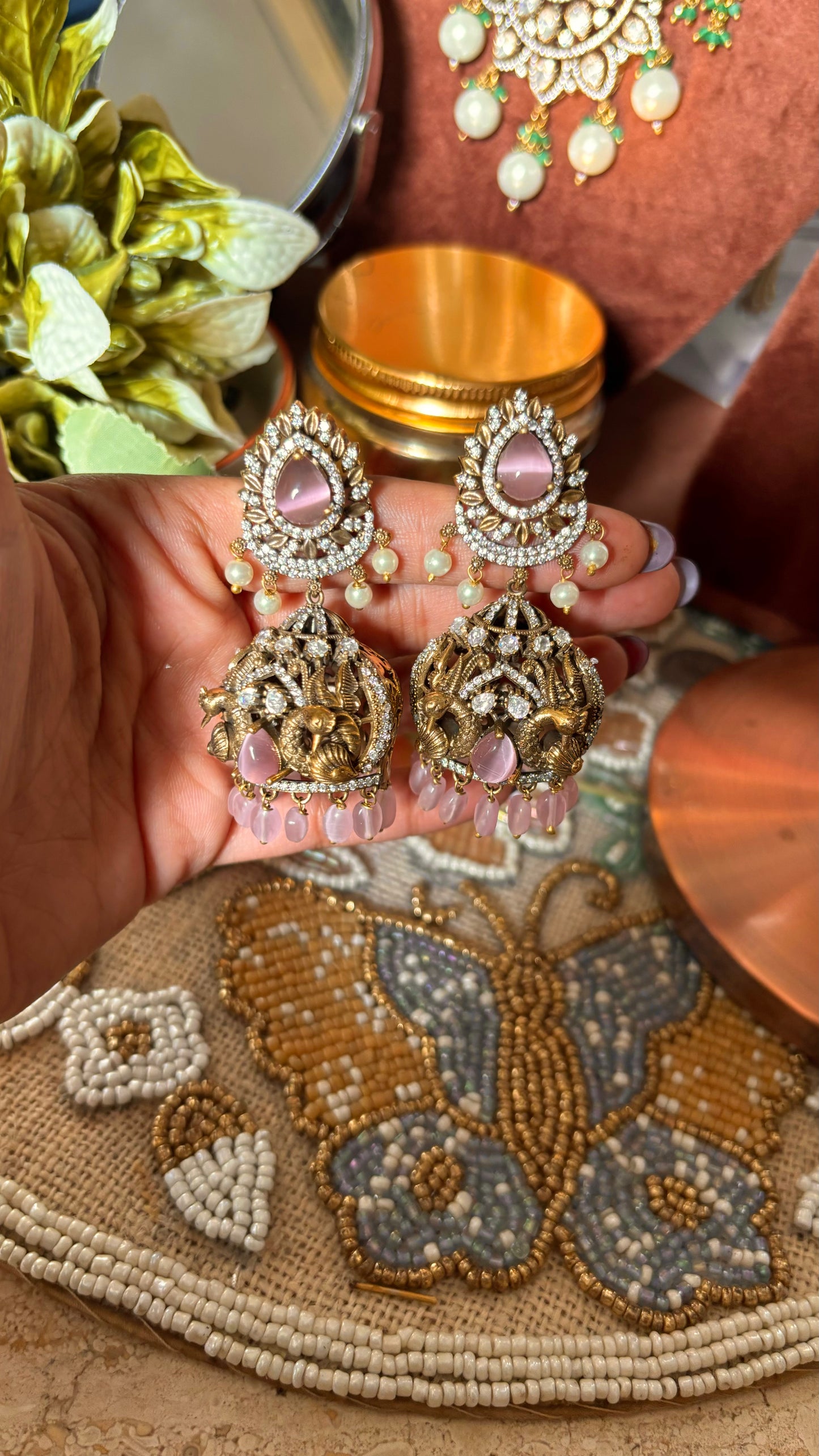 Rose quartz victorian peacock inspired designer Jhumka
