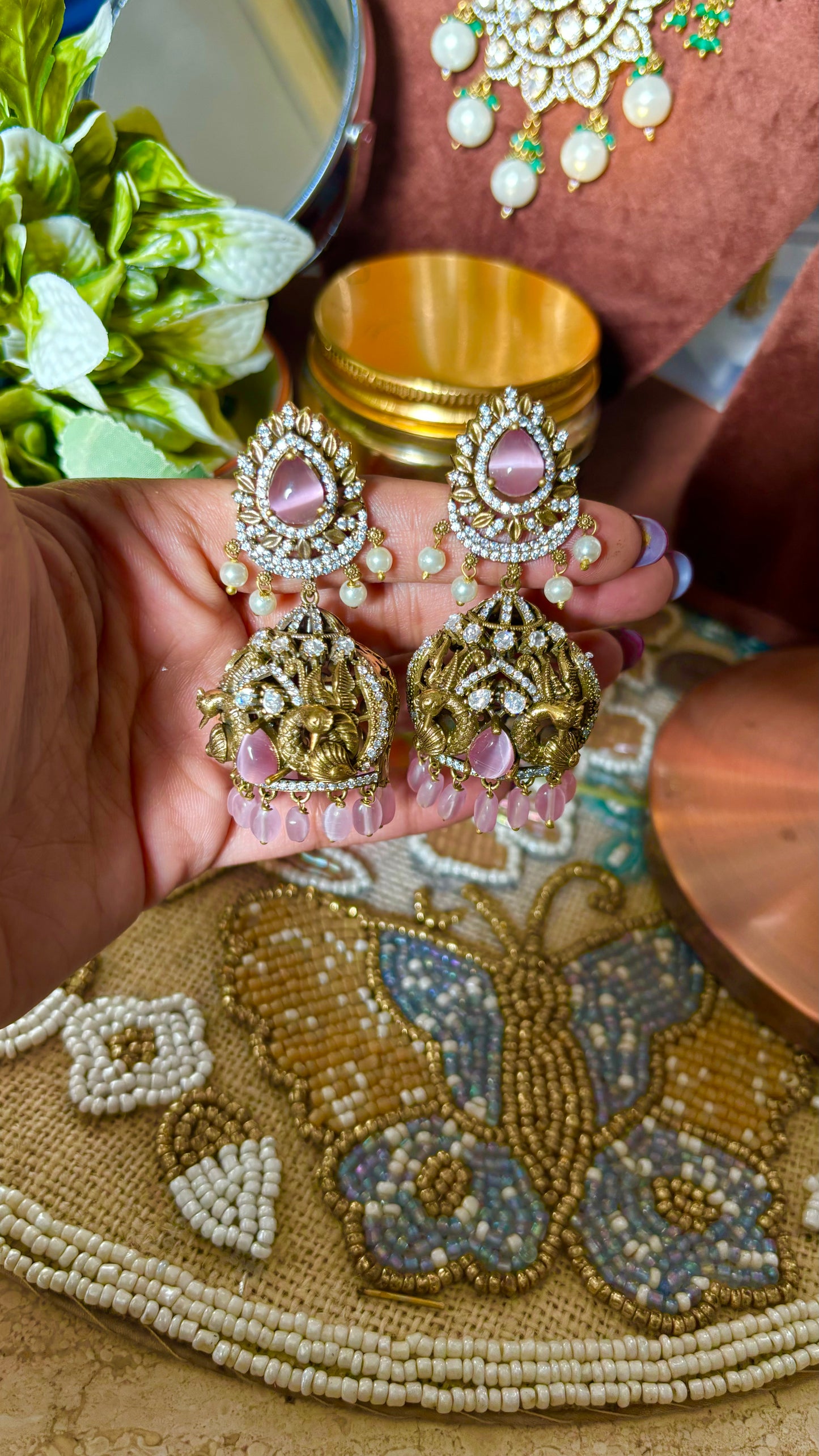 Rose quartz victorian peacock inspired designer Jhumka