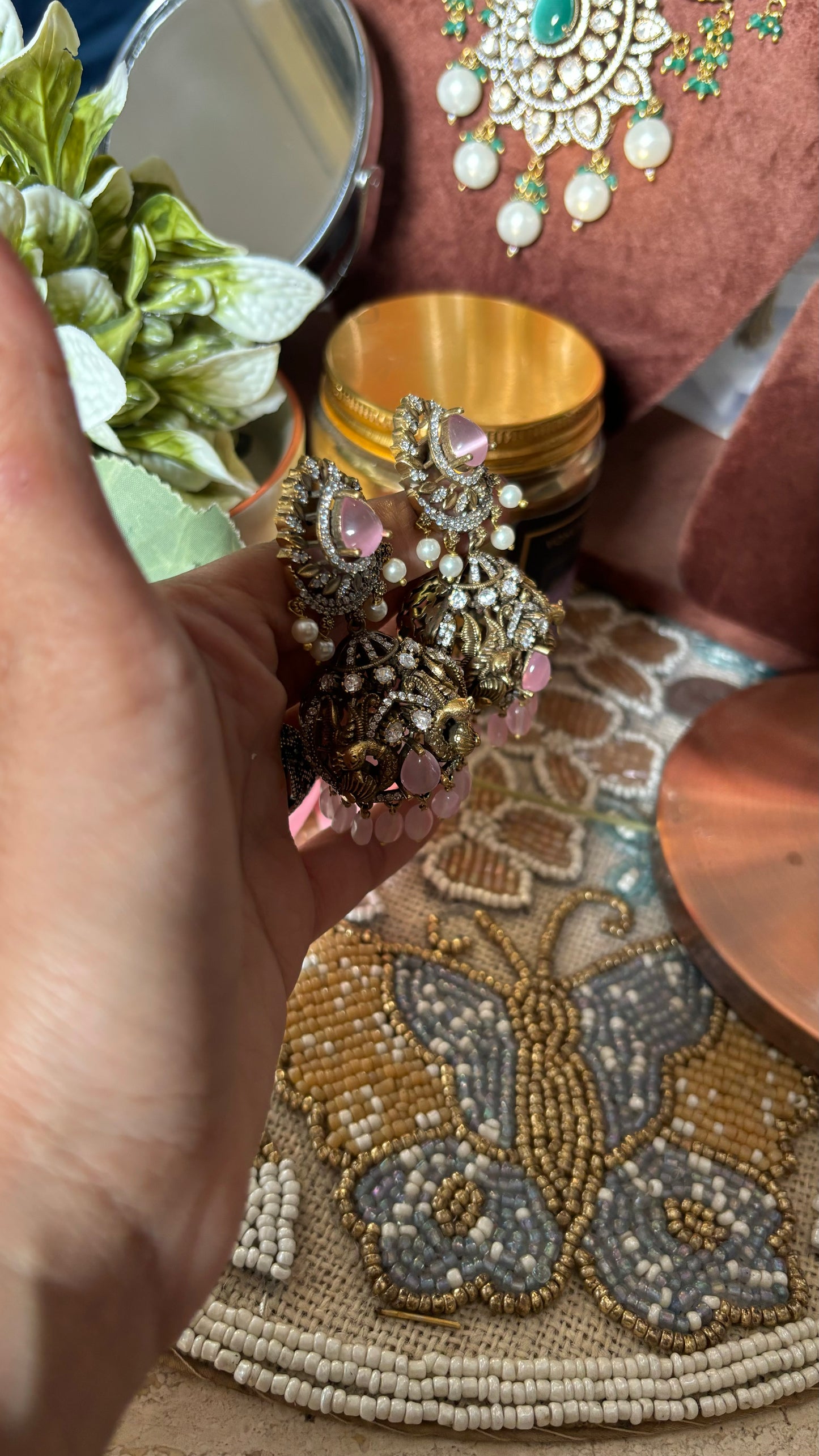 Rose quartz victorian peacock inspired designer Jhumka