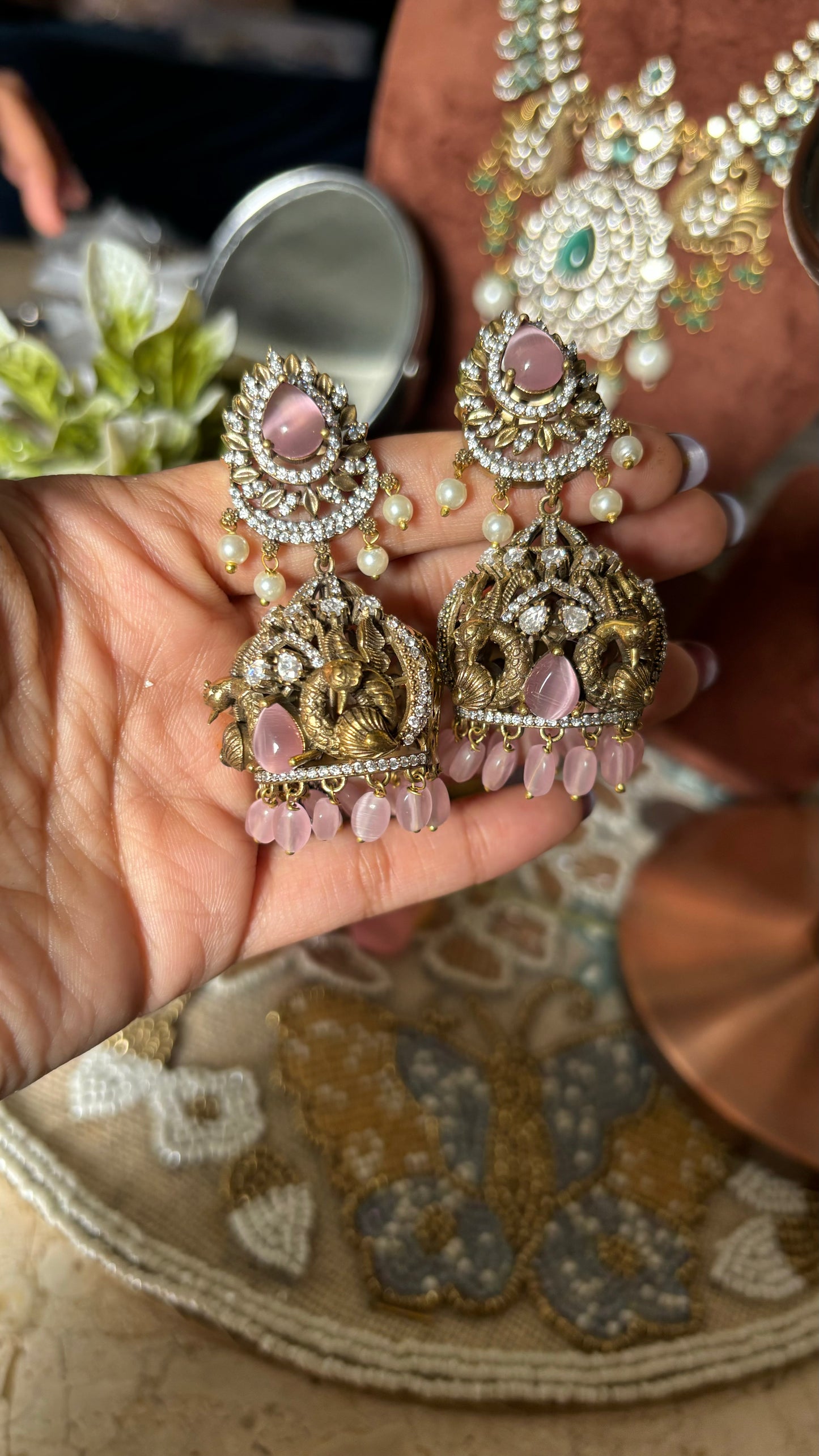 Rose quartz victorian peacock inspired designer Jhumka