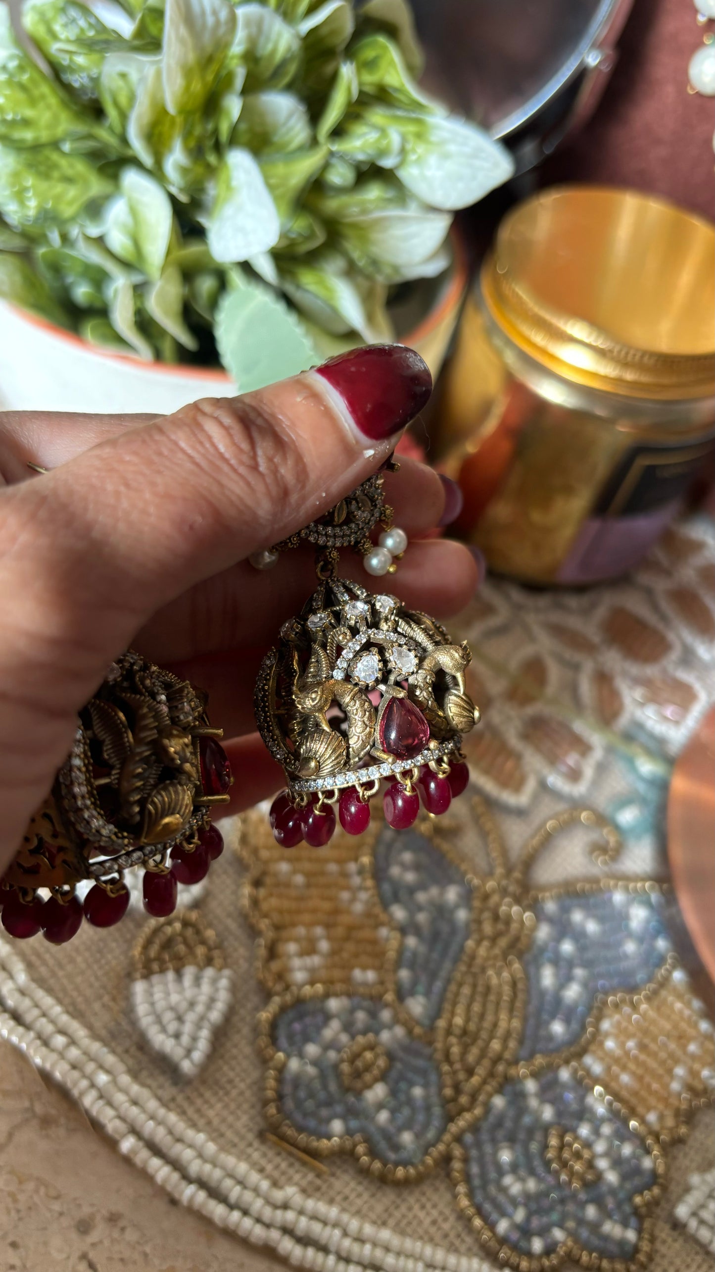 Ruby victorian peacock inspired designer Jhumka