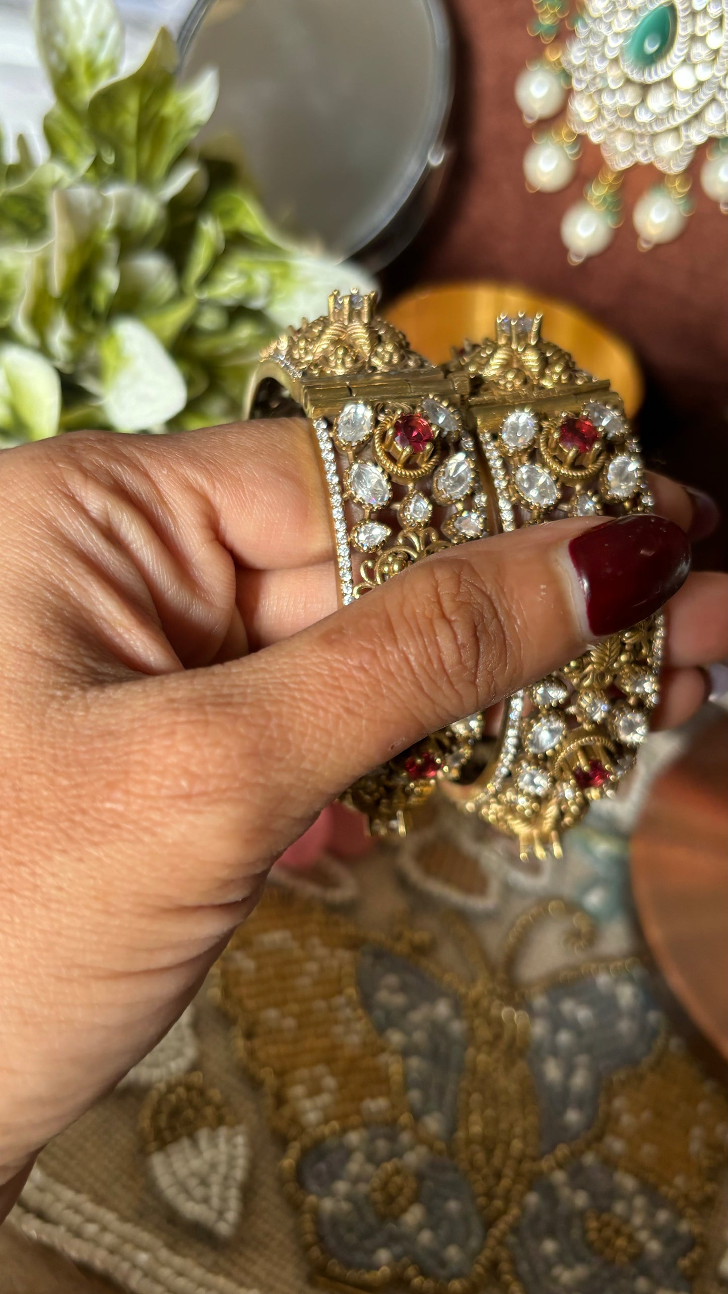 Emerald popped floral designer moissanite bangles