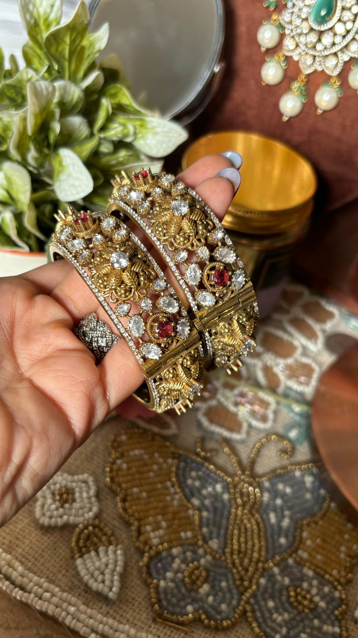Emerald popped floral designer moissanite bangles