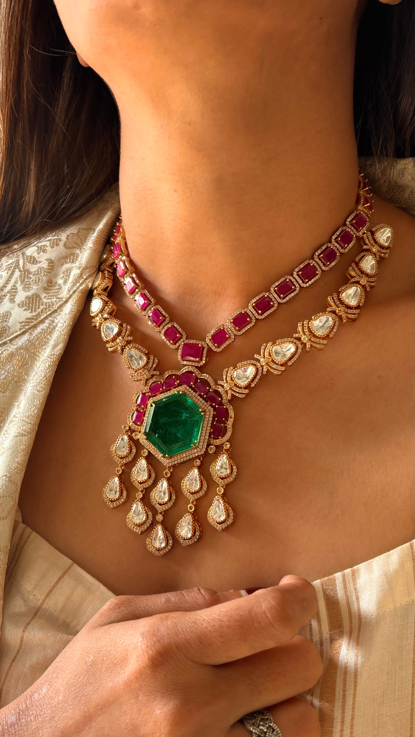 Hiranya ruby emerald heritage Moissanite collar necklace set