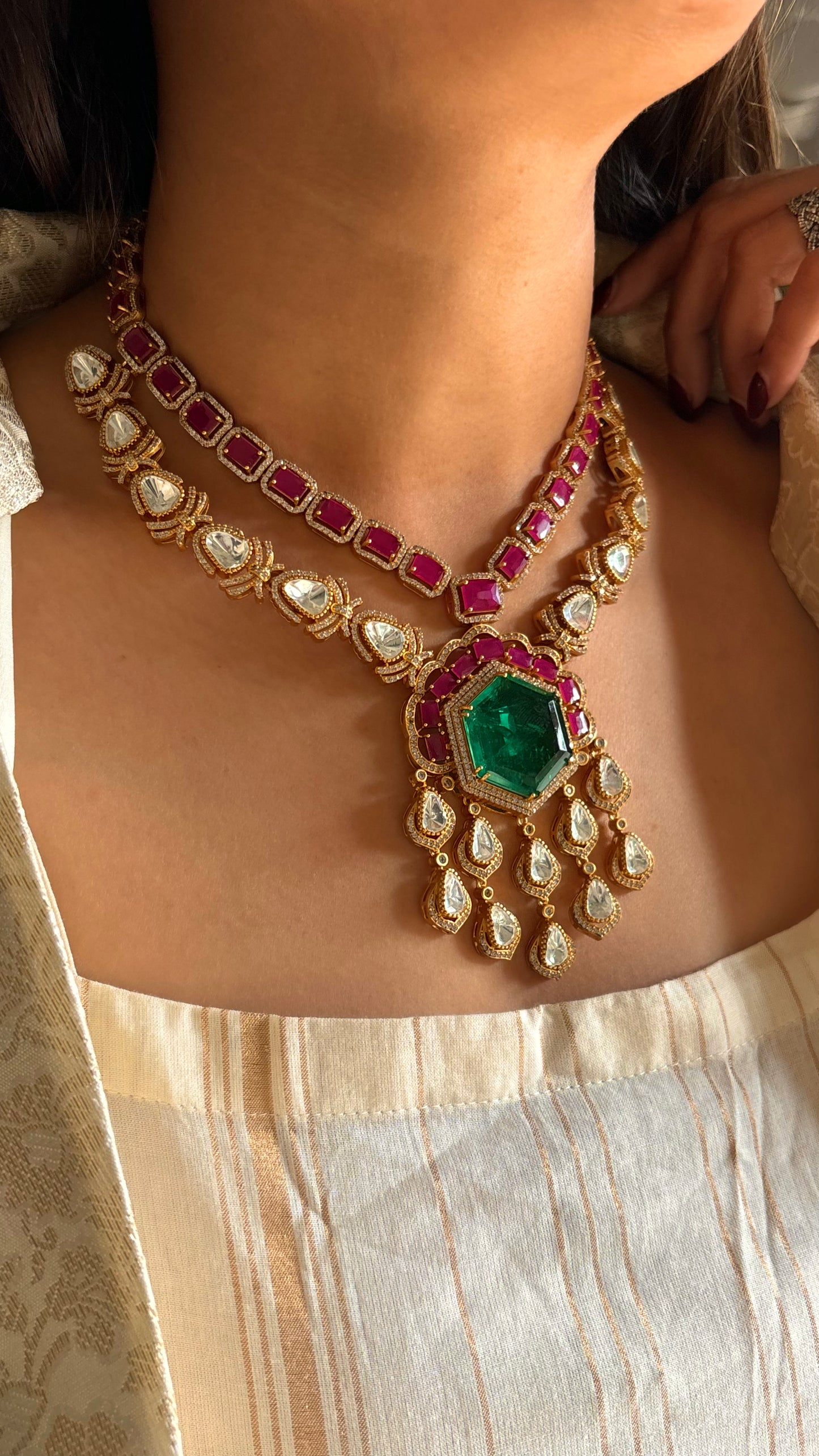 Hiranya ruby emerald heritage Moissanite collar necklace set