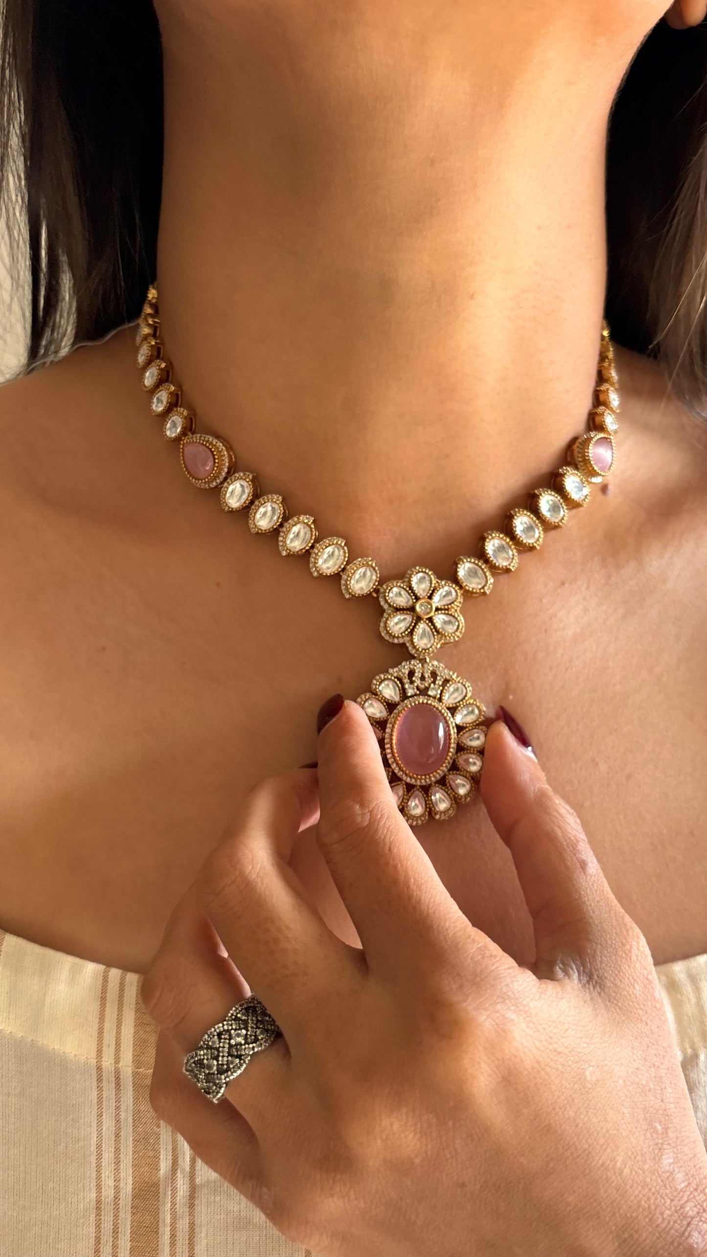 Rose quartz floral Moissanite necklace set