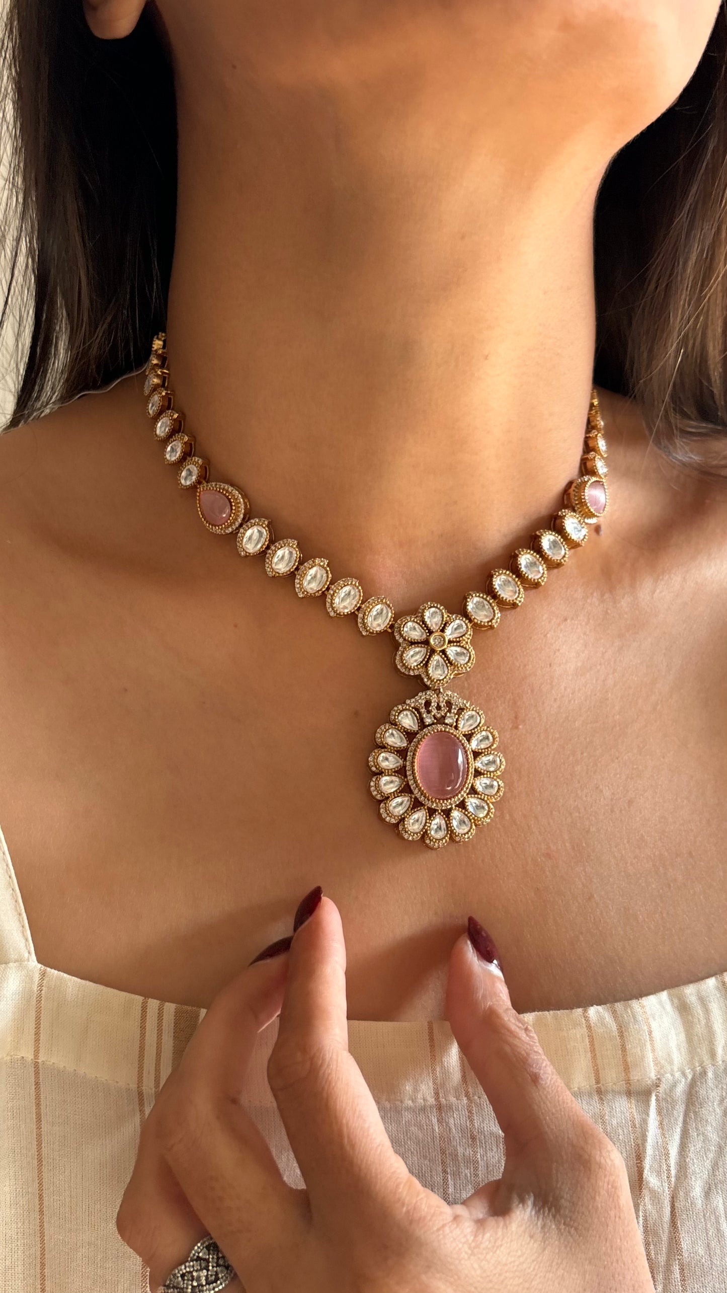 Rose quartz floral Moissanite necklace set
