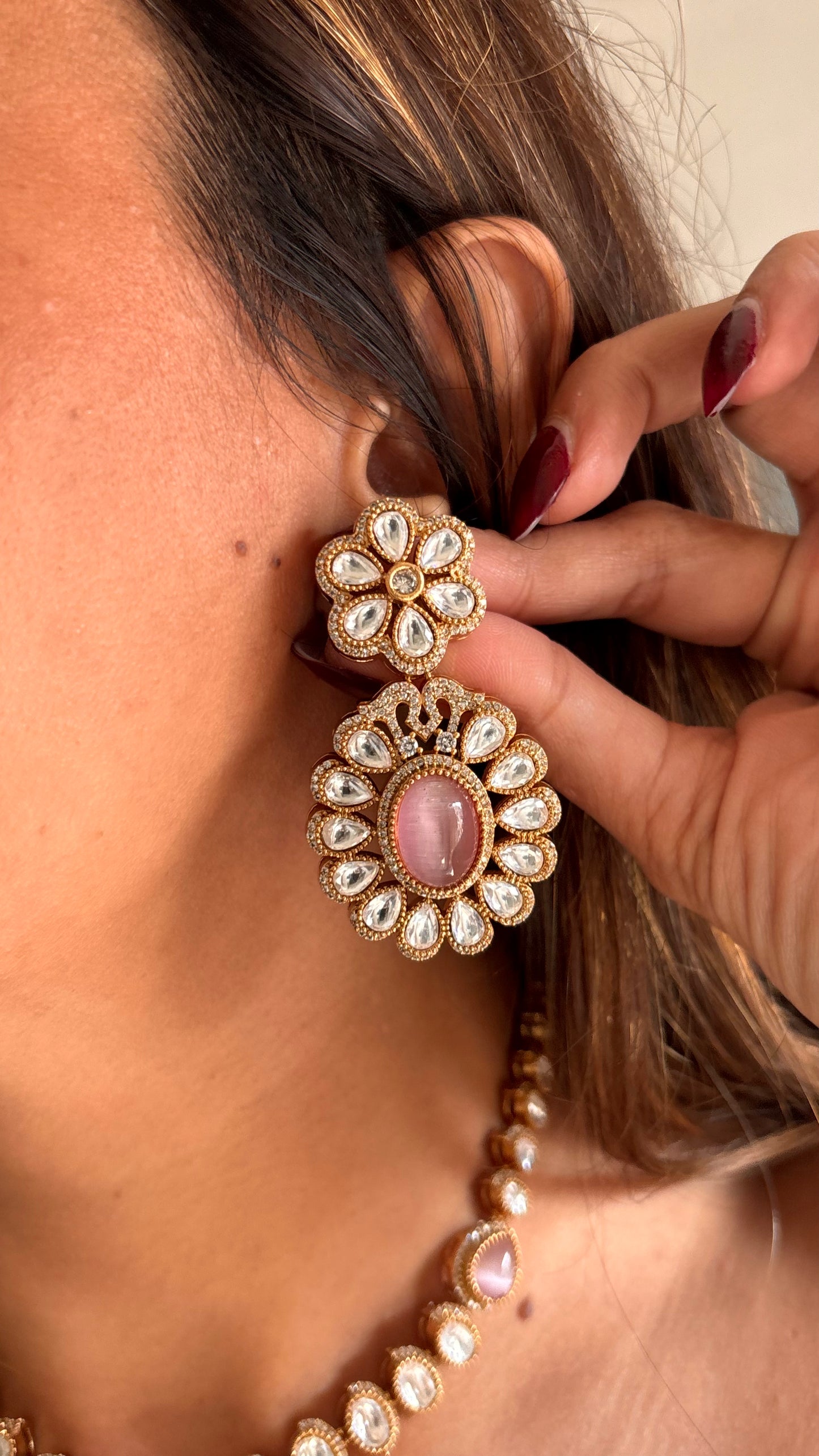 Rose quartz floral Moissanite necklace set