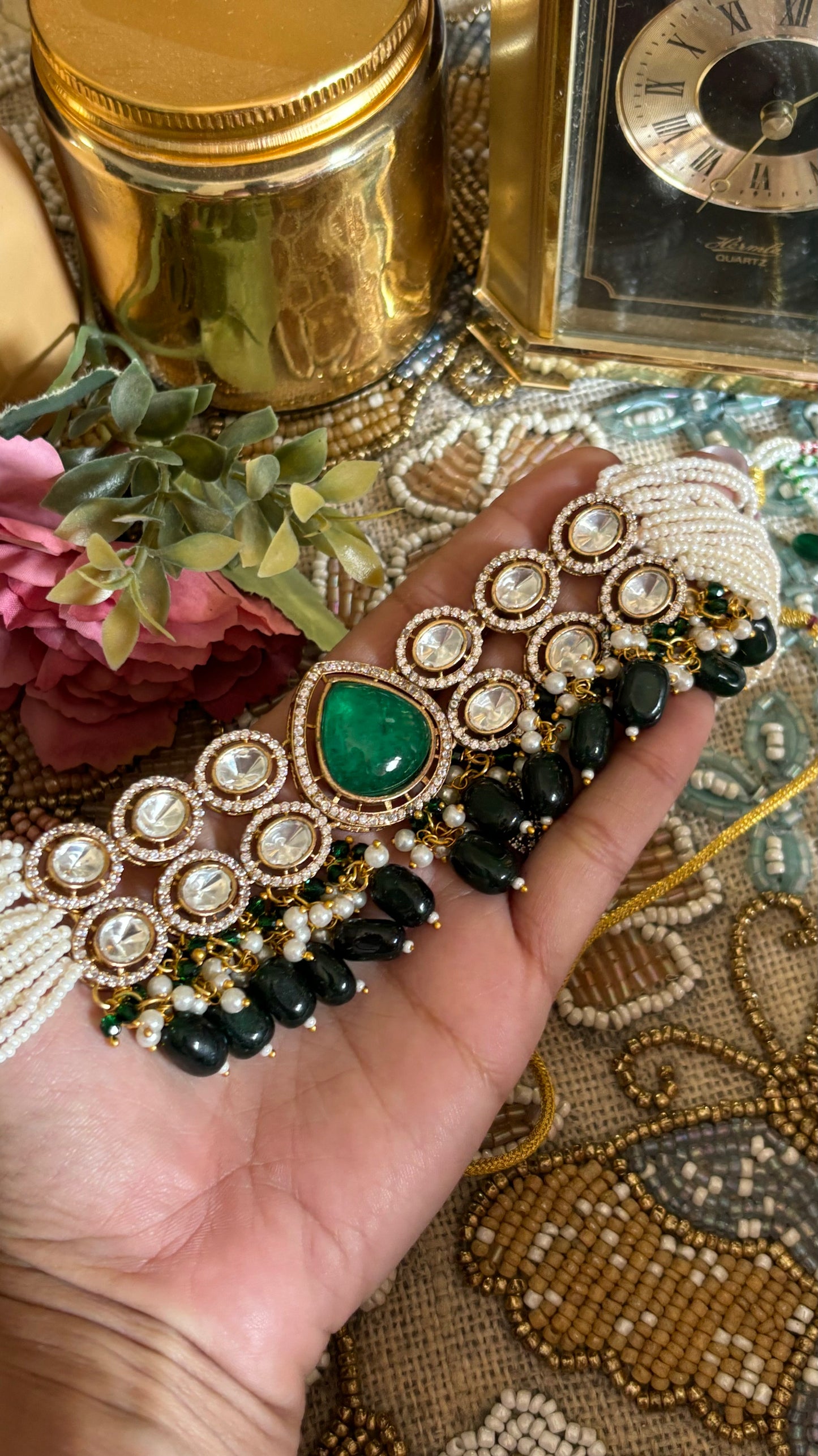 Emerald doublet & uncut polki choker with earrings