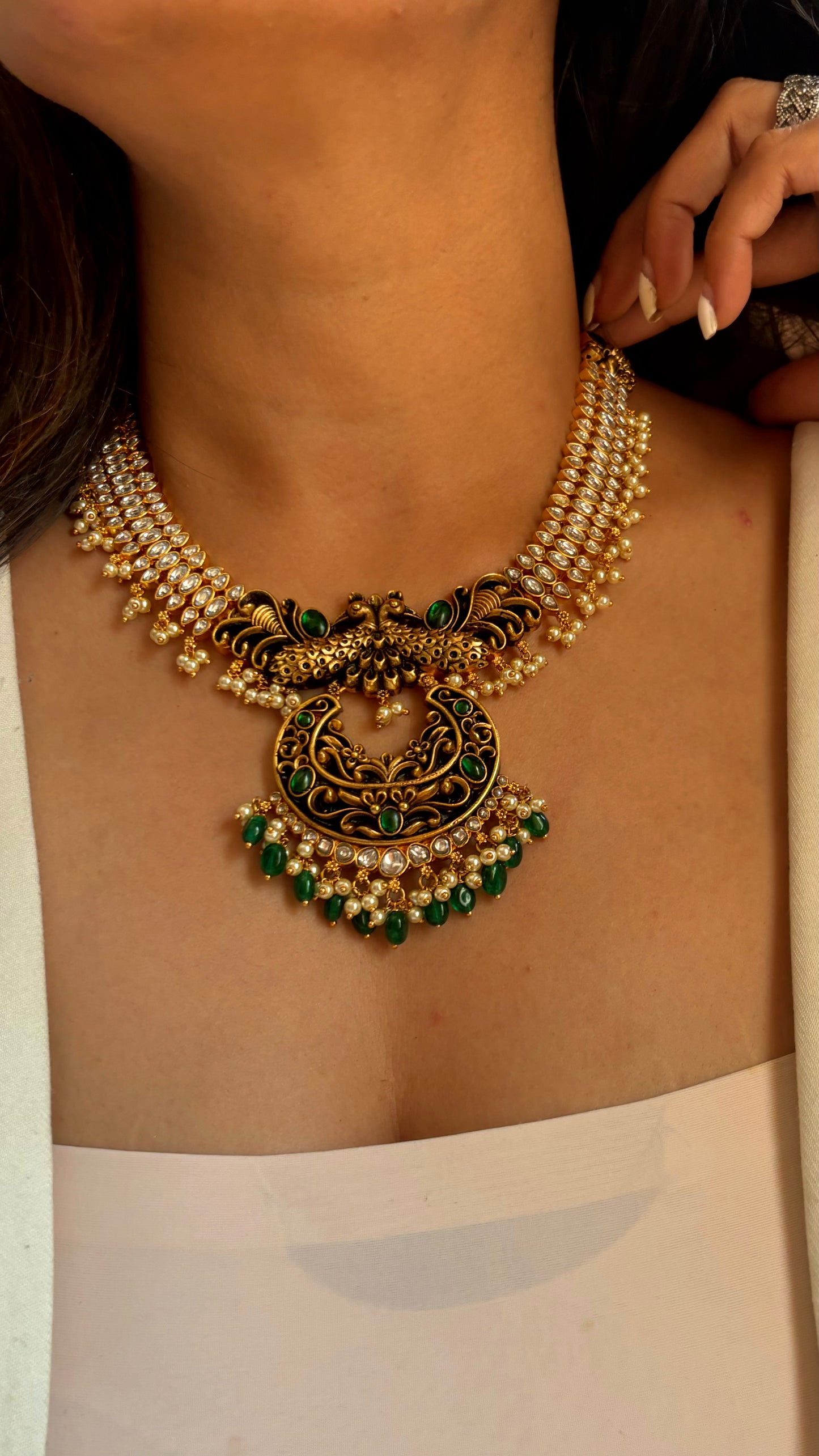 Emerald black meenakari Peacock polki collar necklace set