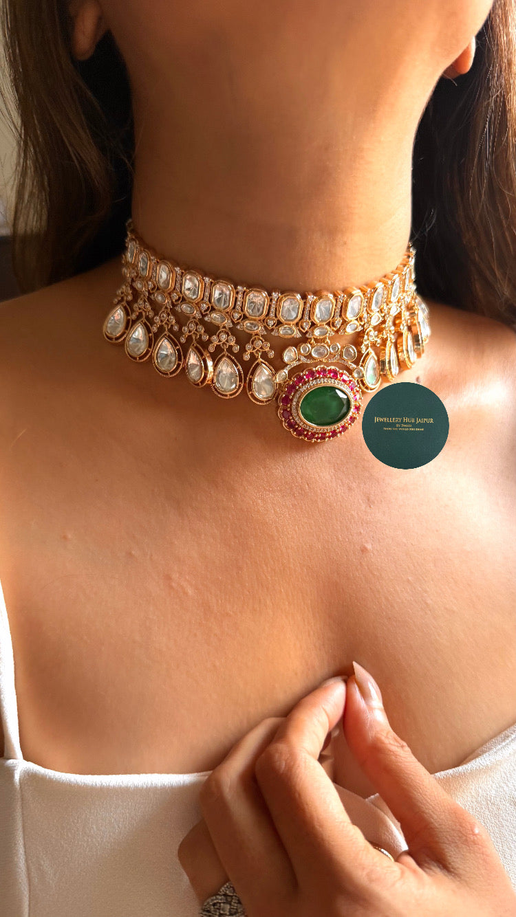 Emerald doublet & rani pink moissanite polki choker