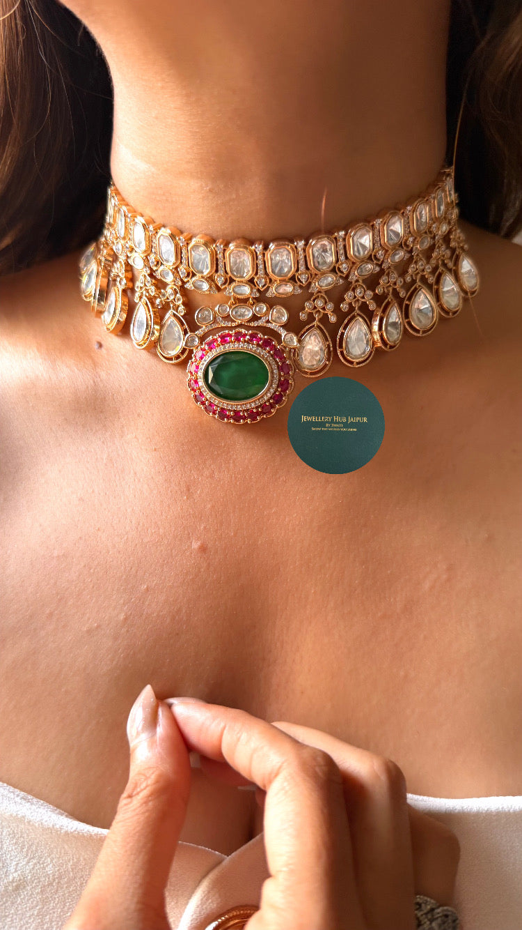 Emerald doublet & rani pink moissanite polki choker