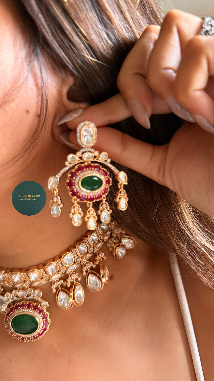 Emerald doublet & rani pink moissanite polki choker