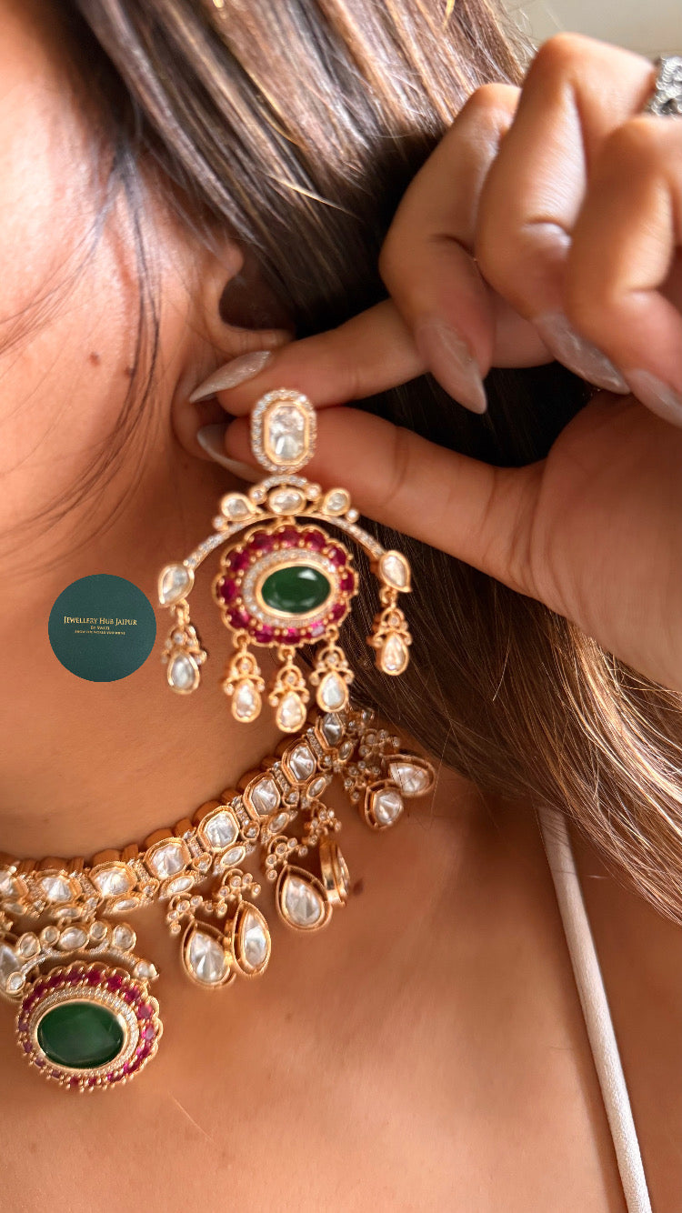Emerald doublet & rani pink moissanite polki choker