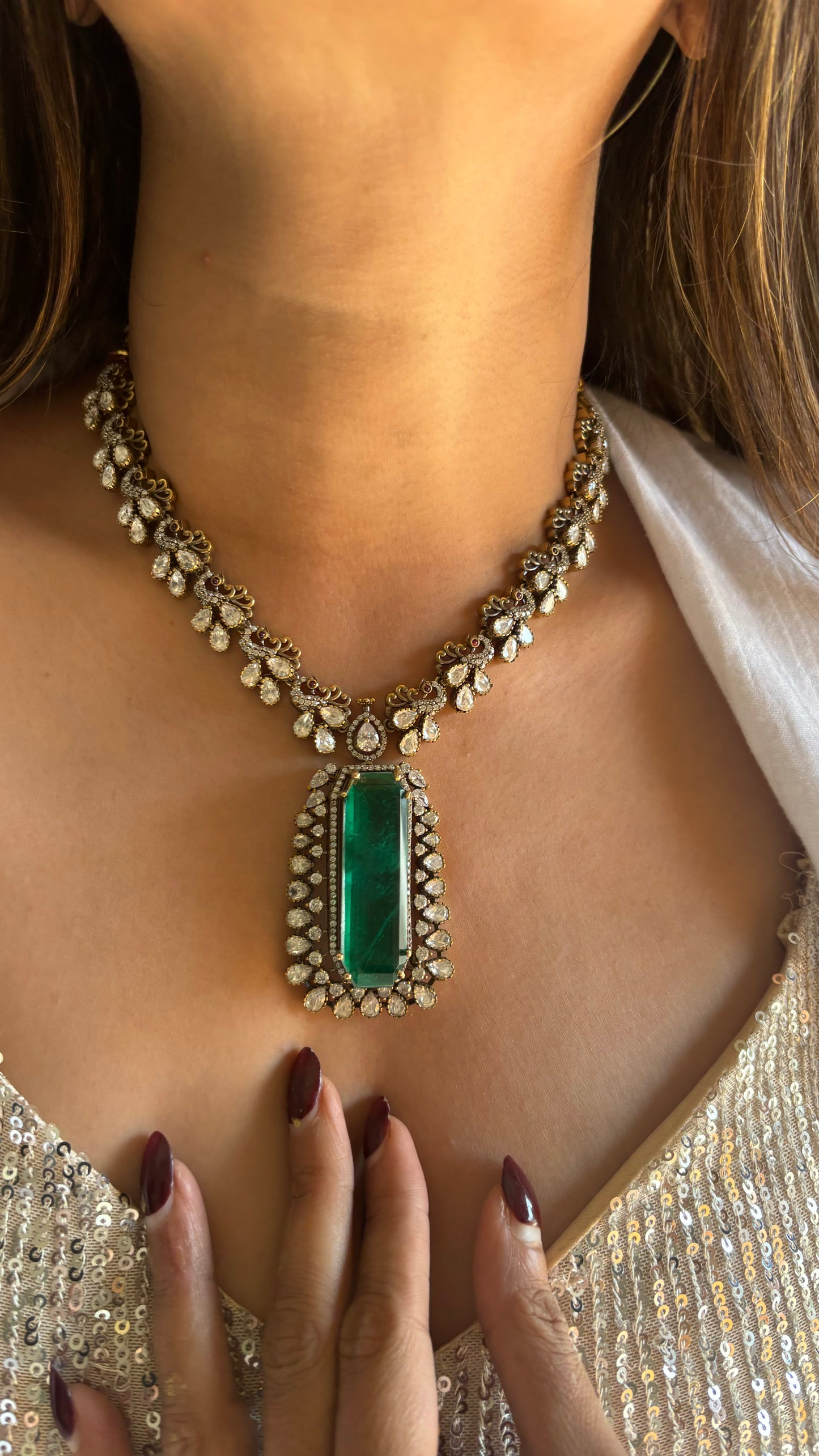 Meher Emerald doublet and moissanite Victorian necklace set