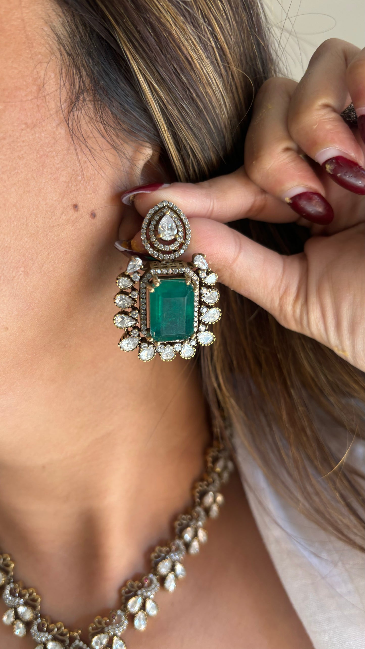 Meher Emerald doublet and moissanite Victorian necklace set