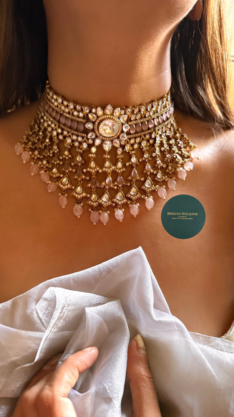 Meera- Rose quartz with sunflower designed moissanite polki & rose quartz drop choker set