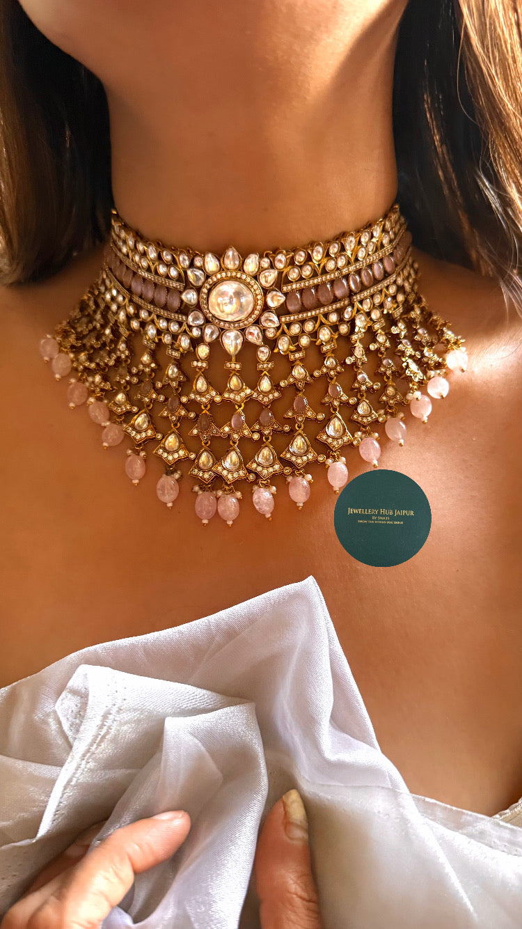 Meera- Rose quartz with sunflower designed moissanite polki & rose quartz drop choker set