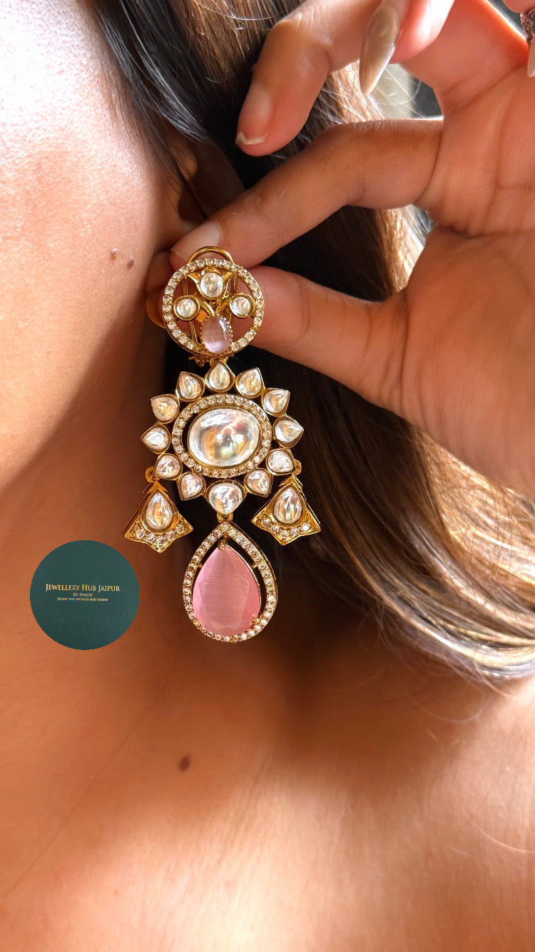 Meera- Rose quartz with sunflower designed moissanite polki & rose quartz drop choker set