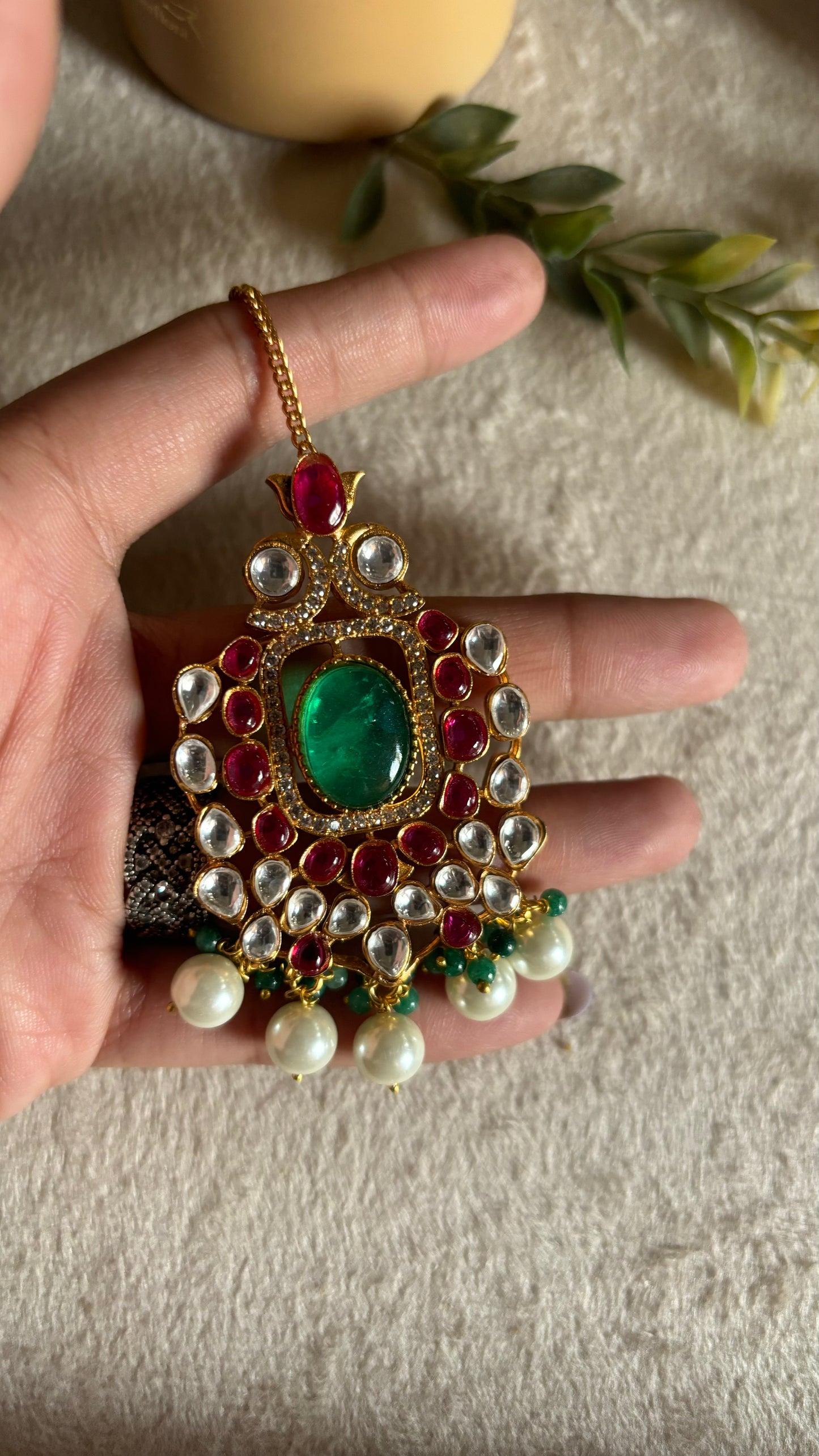 Mint & rani pink maangtika