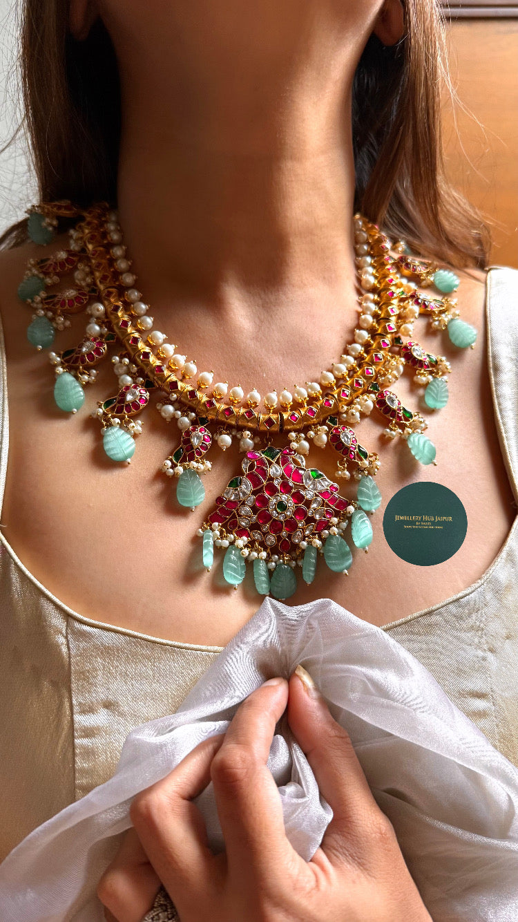Rani pink & emerald real paachi kundan mango collar set
