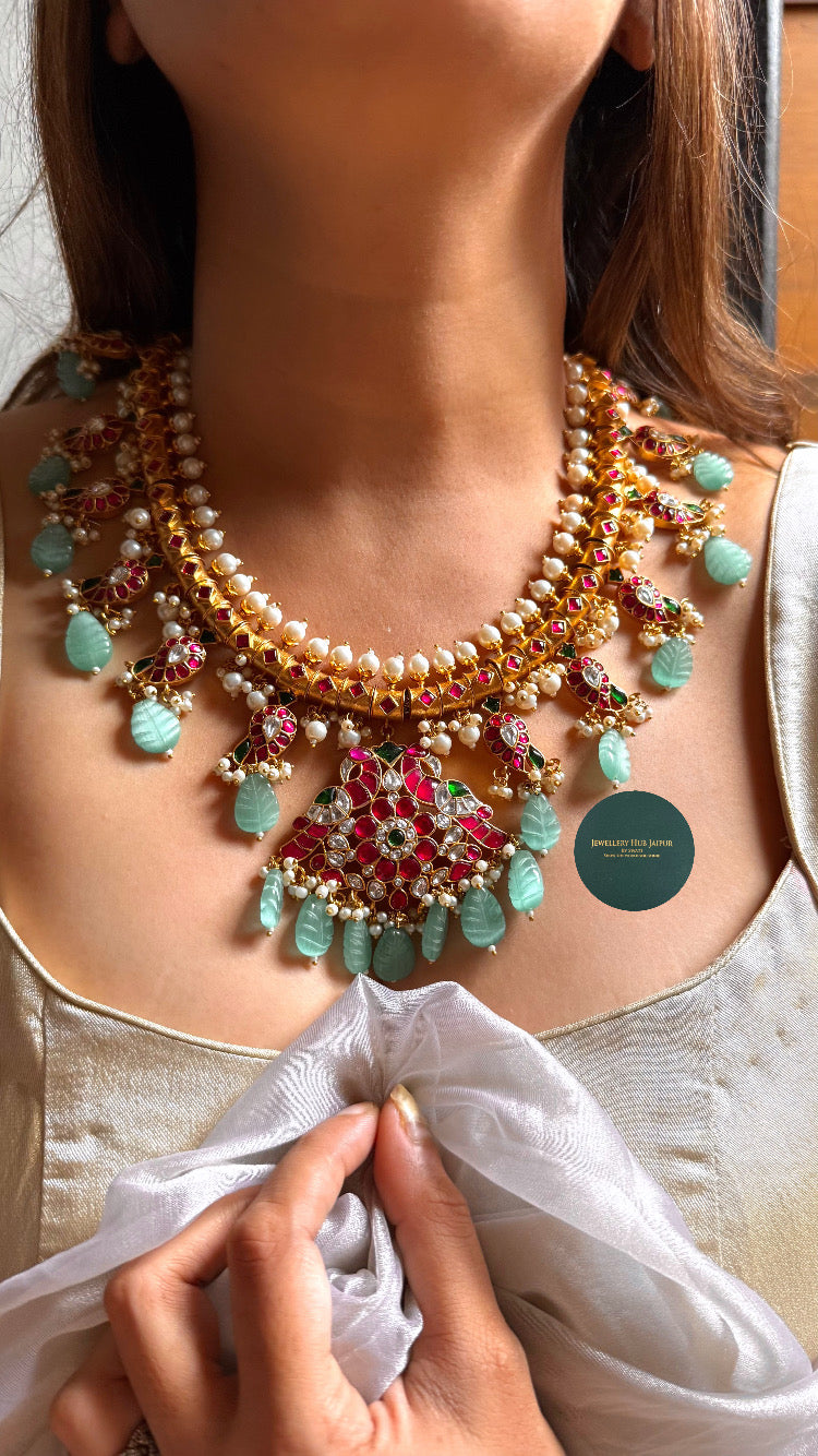 Rani pink & emerald real paachi kundan mango collar set