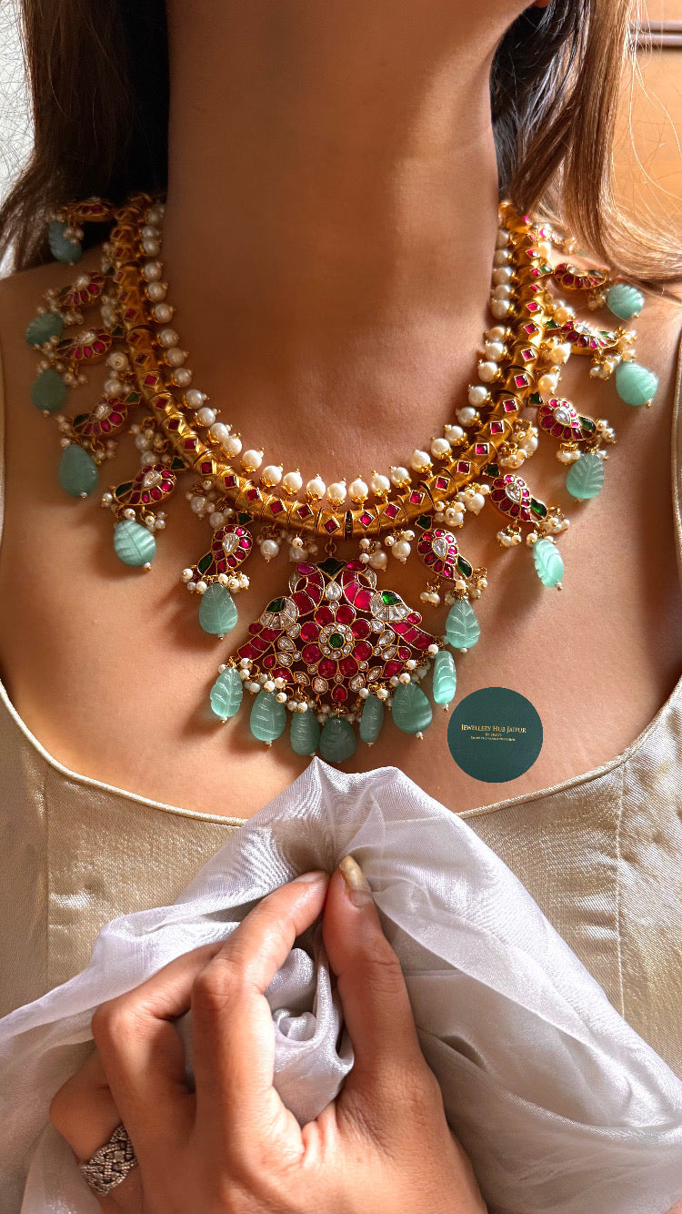 Rani pink & emerald real paachi kundan mango collar set