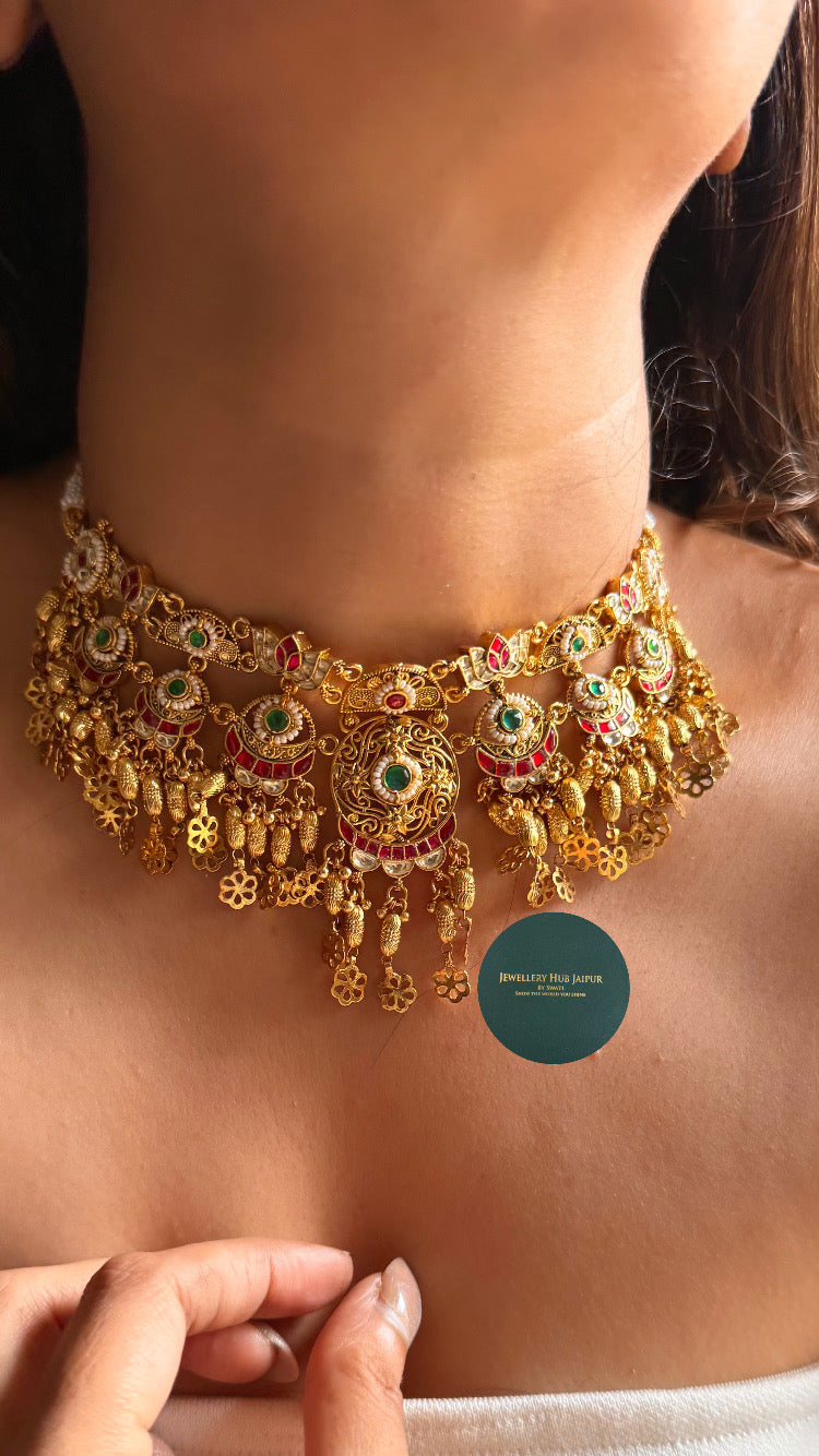 Emerald & rani pink katdana rajwada choker set