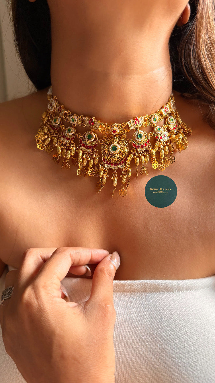 Emerald & rani pink katdana rajwada choker set