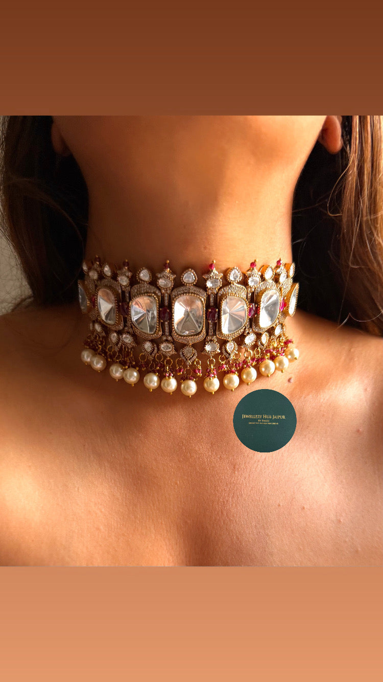 Moissanite polki & rani pink doublet choker