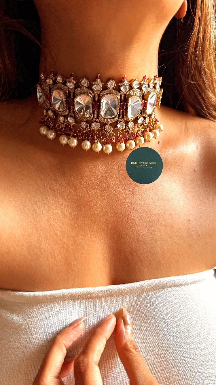 Moissanite polki & rani pink doublet choker