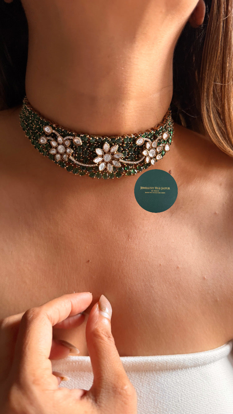 Moissanite floral & emerald choker set
