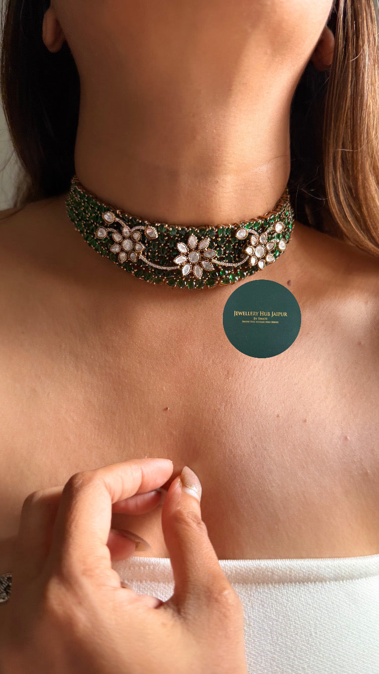 Moissanite floral & emerald choker set