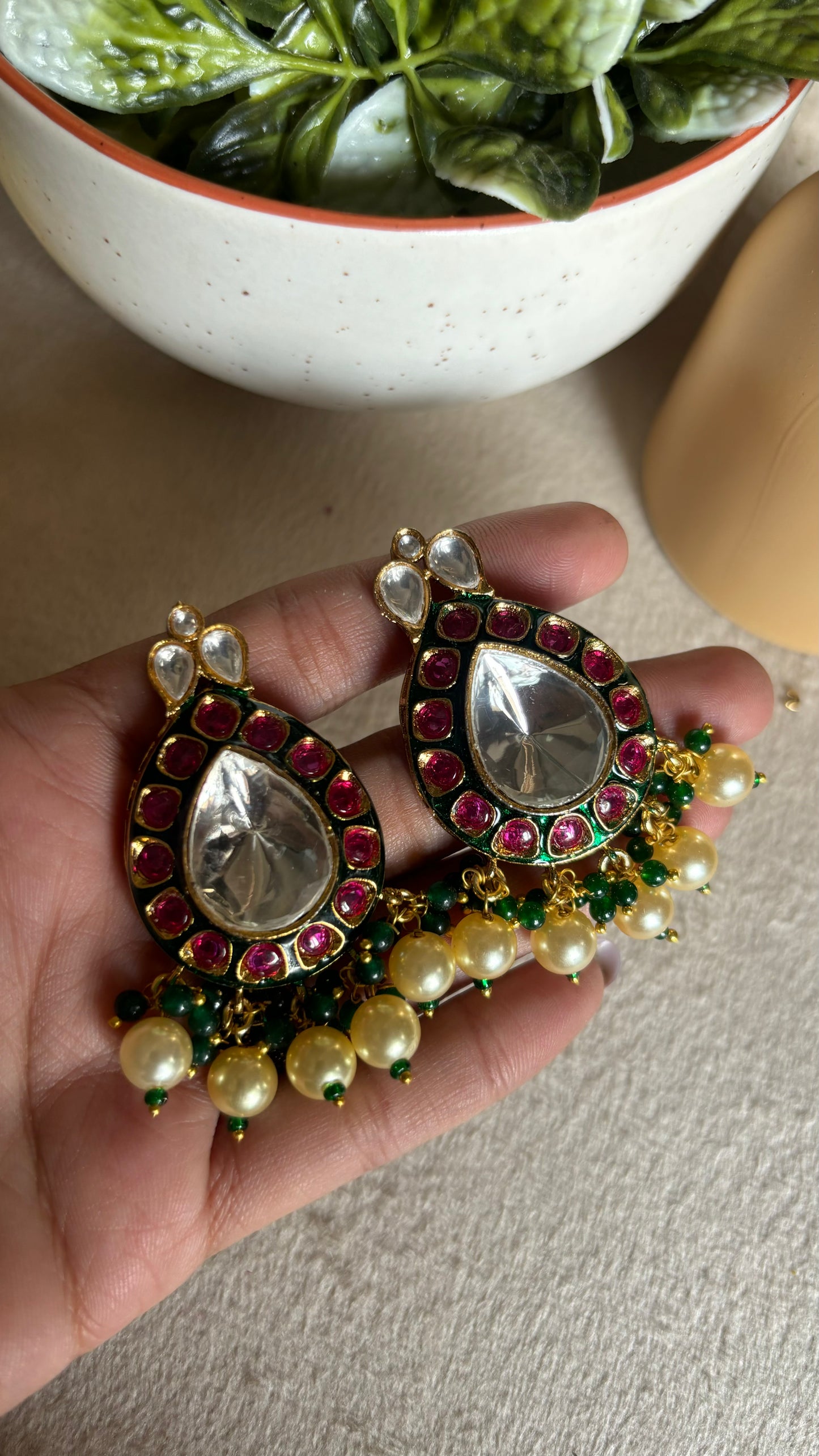 Uncut polki meenakari studs with pearl drops