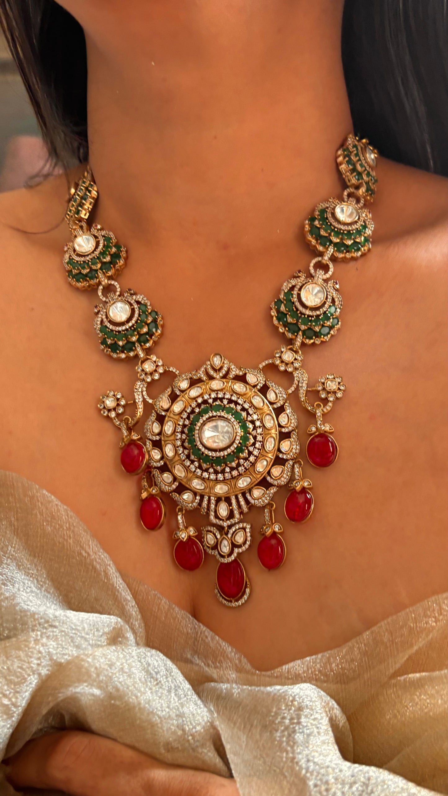 Emerald and ruby mid neck set