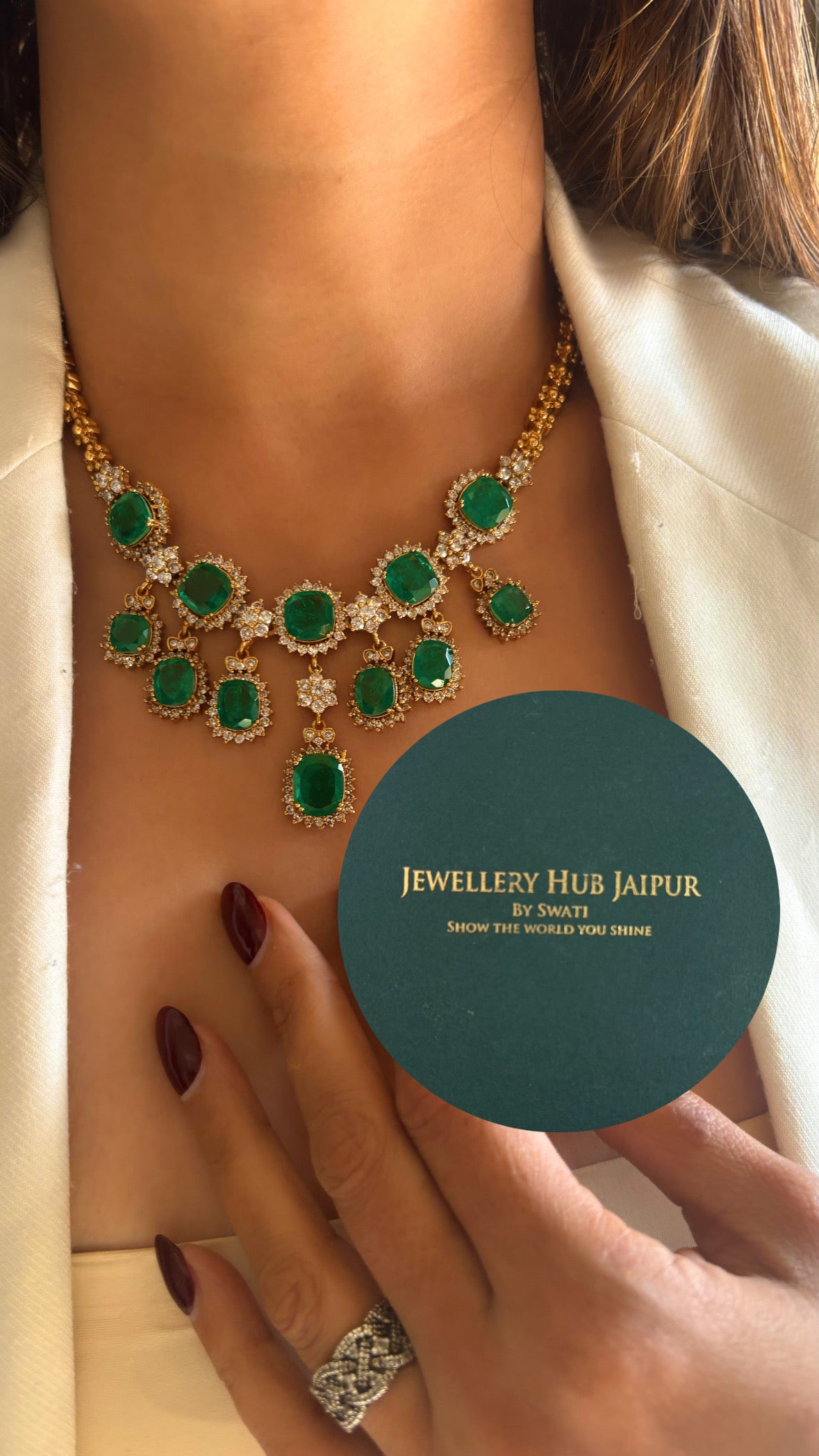Emerald doublet coctail diamond necklace set